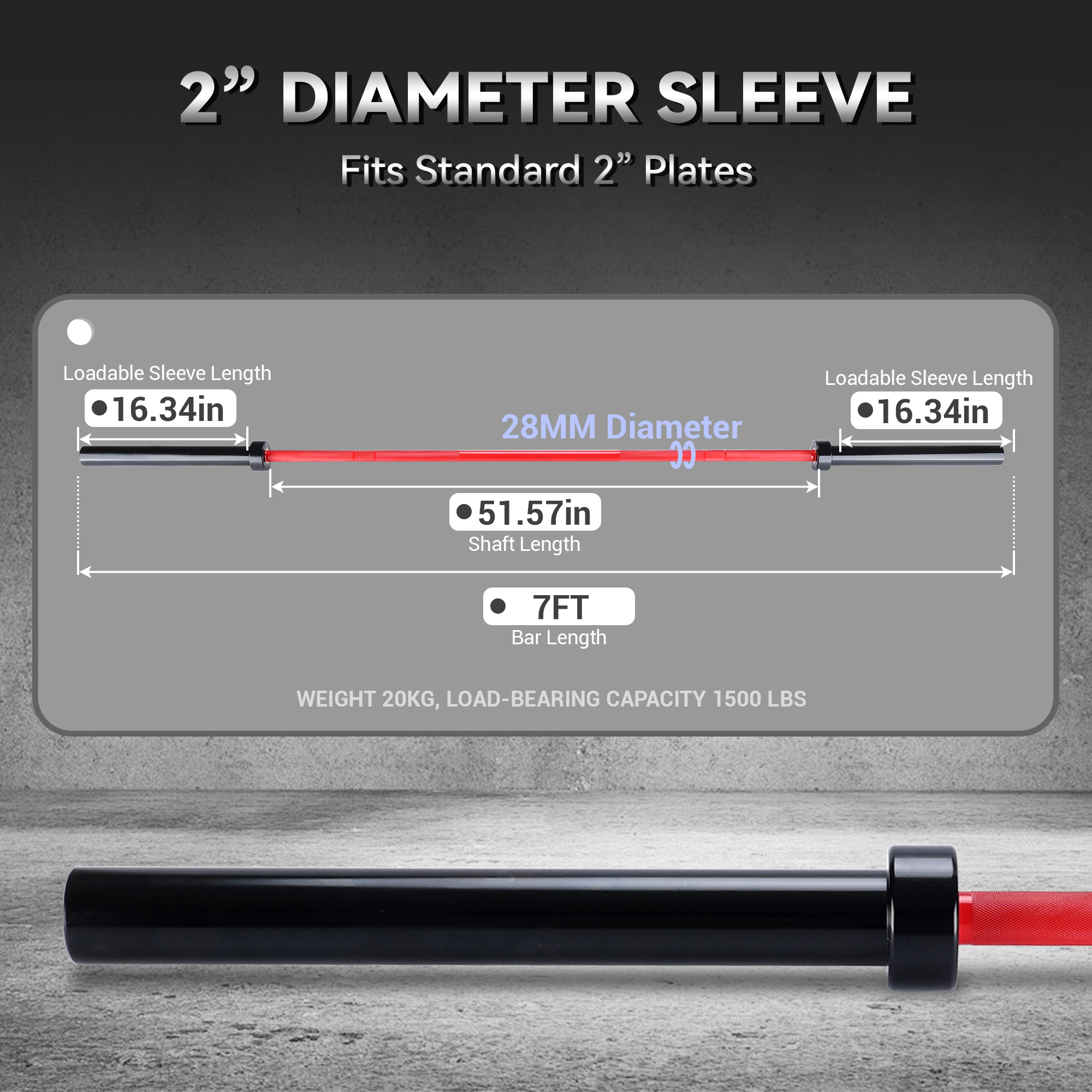 7 FT Olympic Barbell Dimensions and 2 Inch Loadable Sleeves