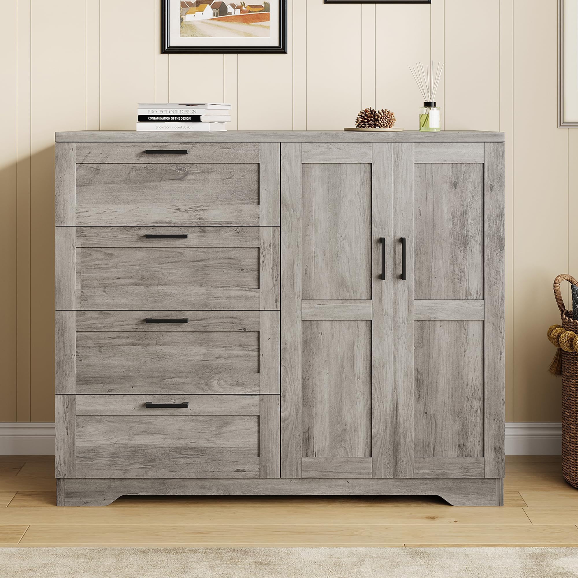 Wooden Bedroom Dresser 43.3in Armoire Closet 2 Doors 4 Drawers Hanging Rod