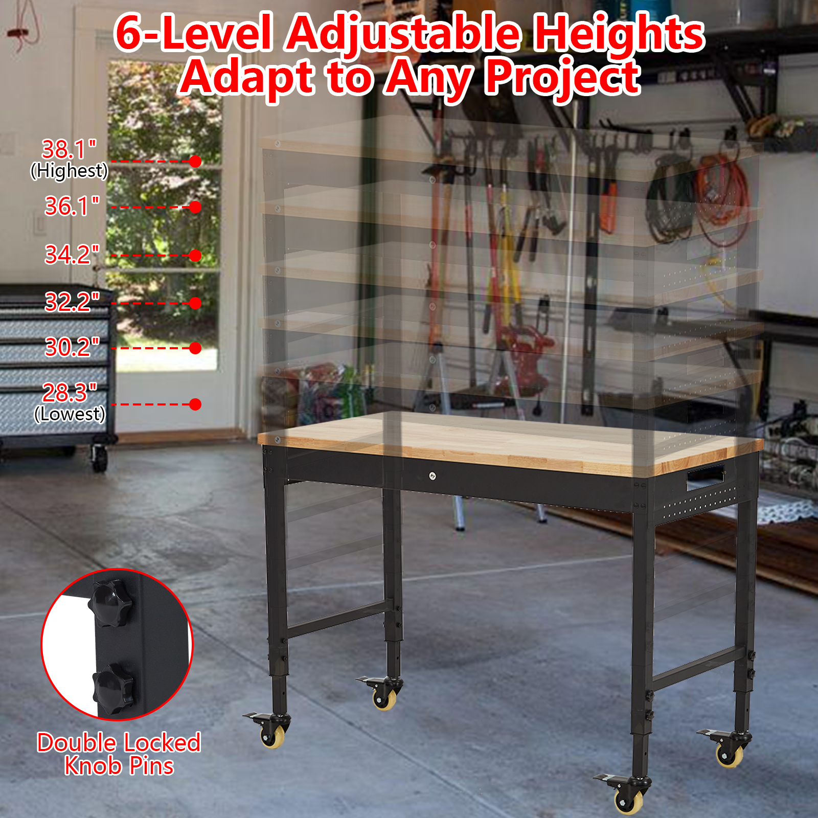 48" Heavy Duty 2000 lb Adjustable Workbench with Outlets and Wheels for Garage