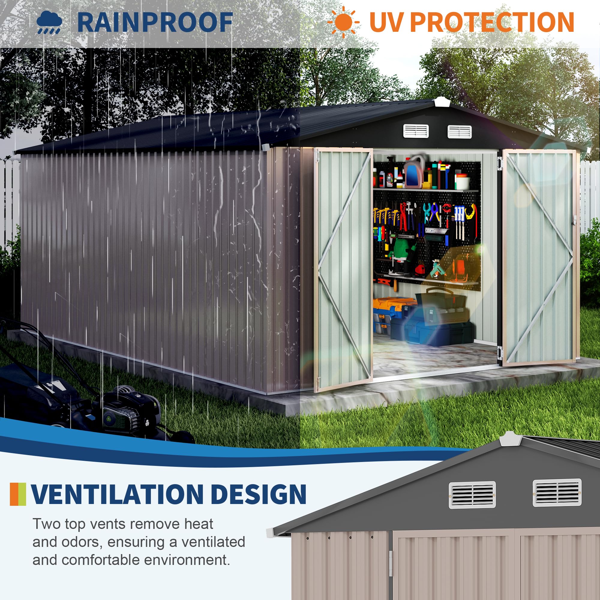 Spacious outdoor shed for lawn mower bicycles and garden tools