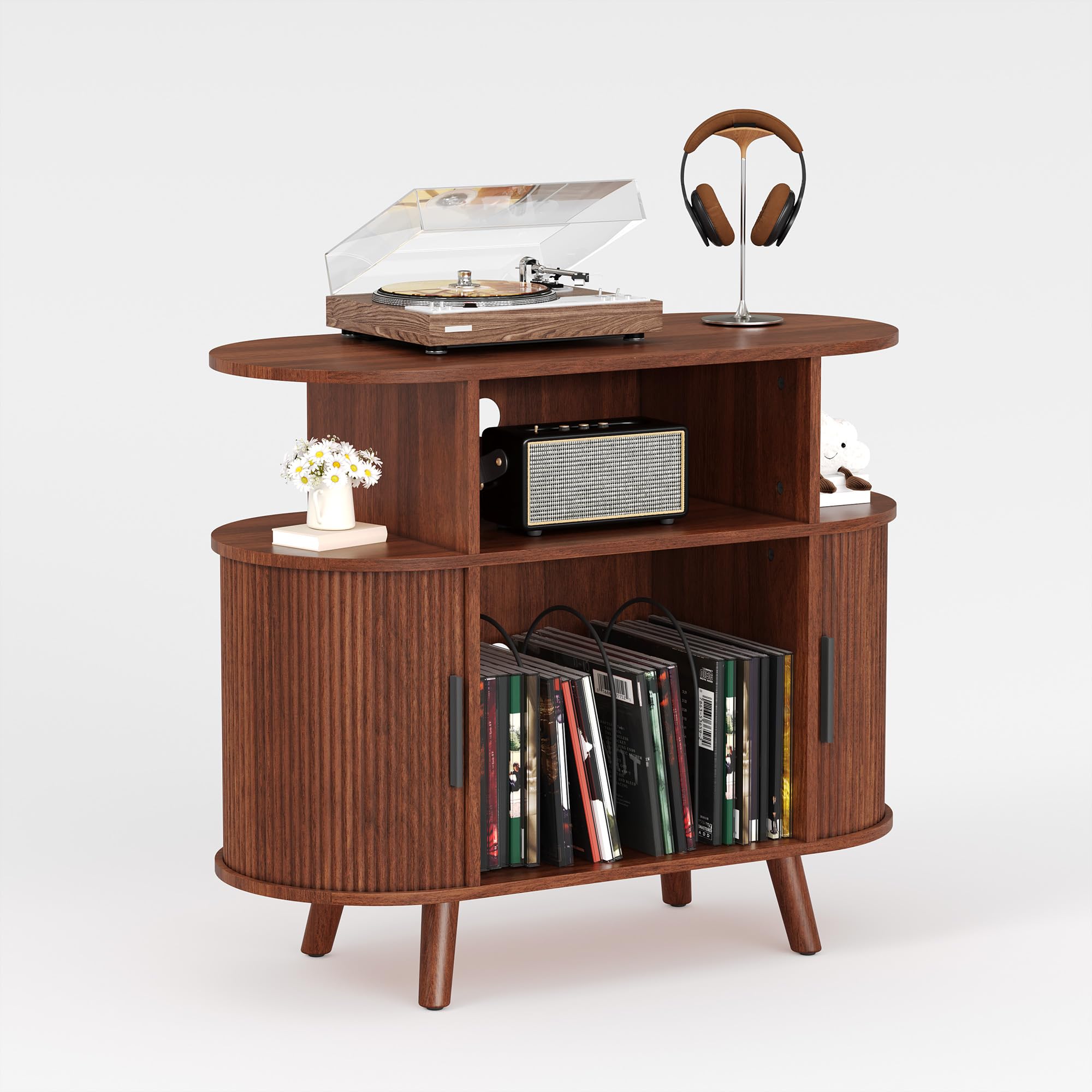 Record Player Stand w/Vinyl Storage&Charging Station Media Console Table Cabinet