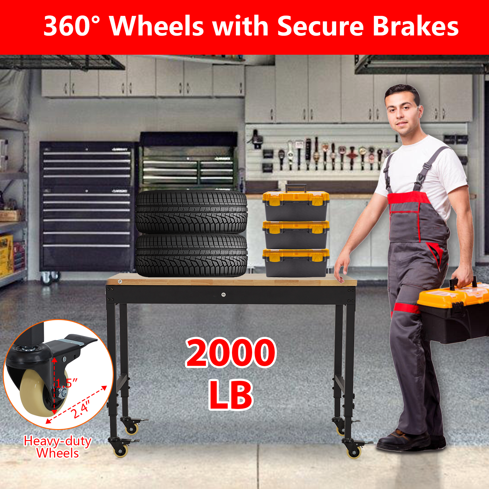 48" Heavy Duty 2000 lb Adjustable Workbench with Outlets and Wheels for Garage