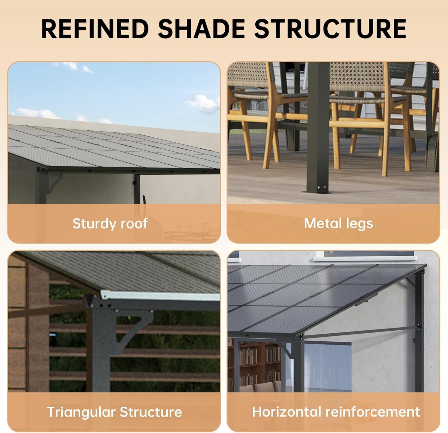 Reinforced metal frame on wall-mounted gazebo