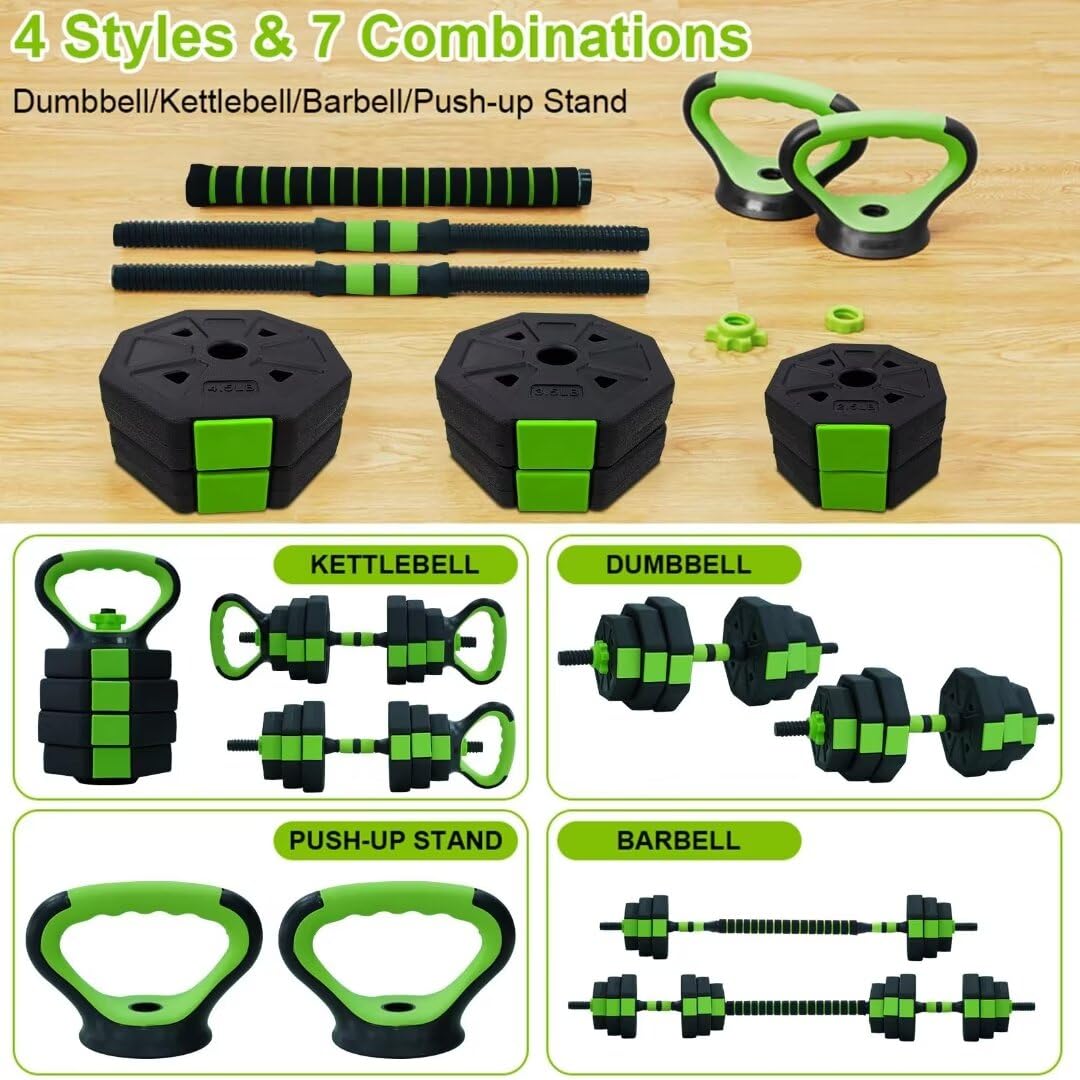 4-in-1 Convertible Modes: Dumbbell, Barbell, Kettlebell, Push-Up Stands