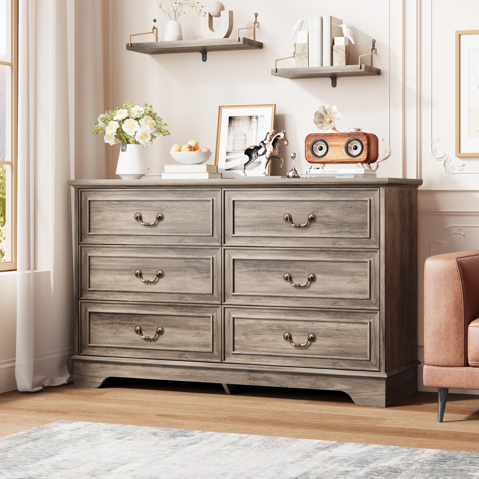 6-Drawer Farmhouse Dresser, Vintage Wood Storage Chest for Bedroom Living Room