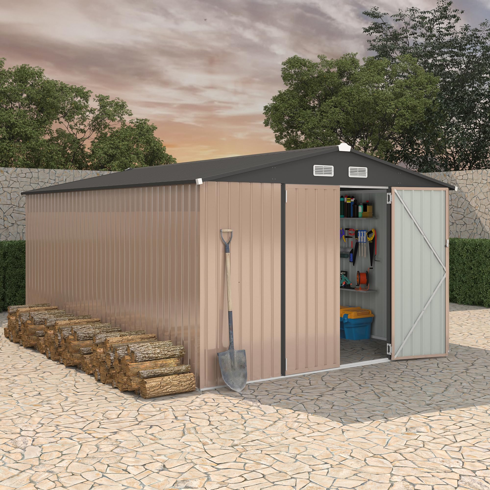 Metal storage shed with sloped roof and double doors