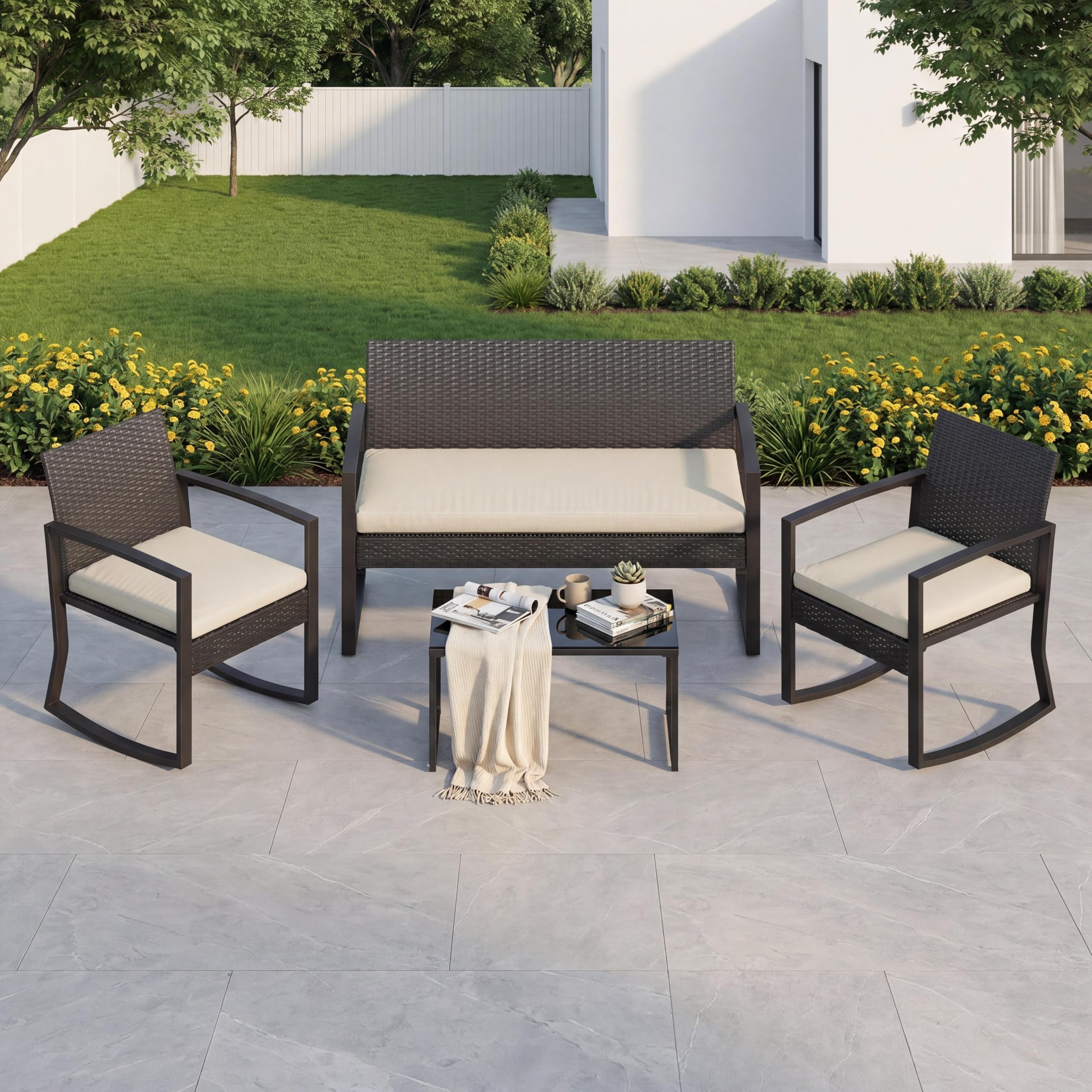 4 Pieces Patio Furniture Set Outdoor Sectional Sofa Rattan Wicker Rocking Chair