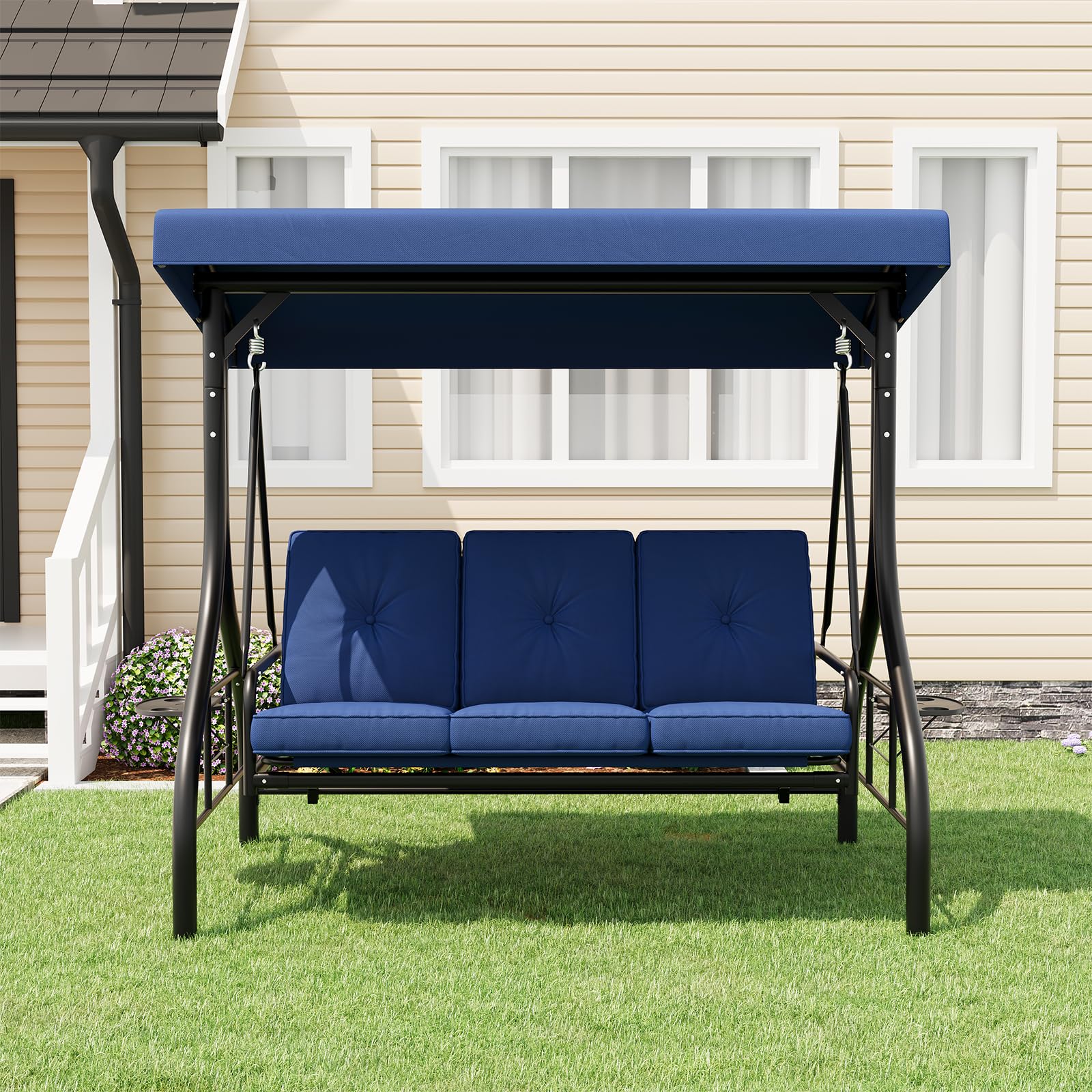 Garvee navy blue three-seat outdoor patio swing