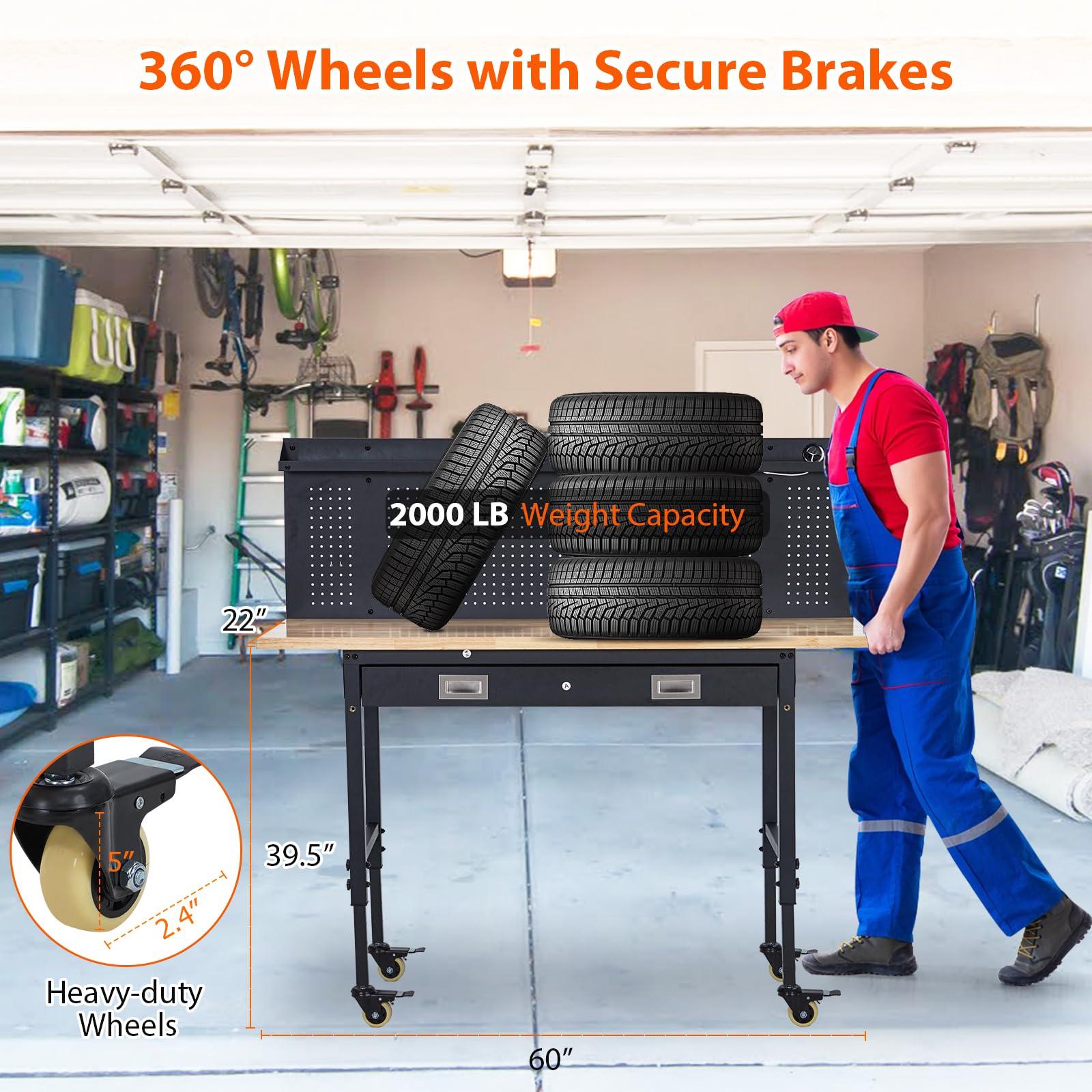 60" Adjustable Workbench Wood Top Drawer Pegboard Outlets Wheels 2000lb