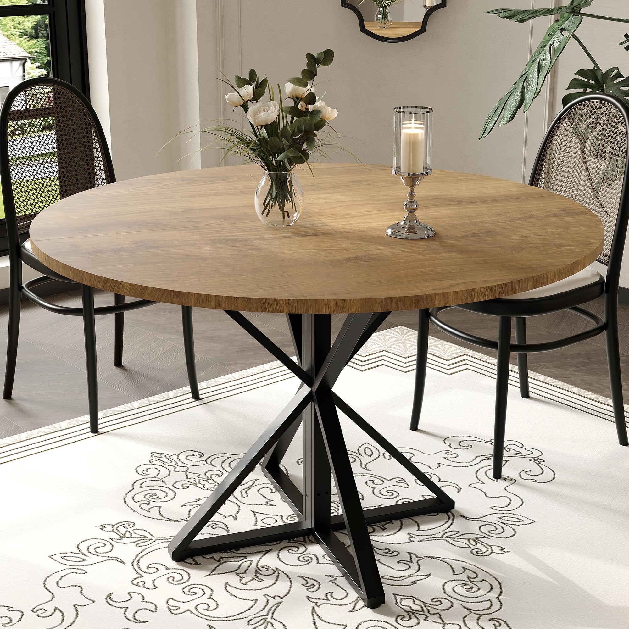 Round Dining Table 47 Inch Black Iron K-Shape Base Farmhouse Heavy-Duty Kitchen