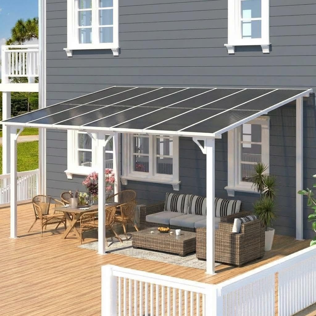 Wall-mounted gazebo used for outdoor dining and relaxing