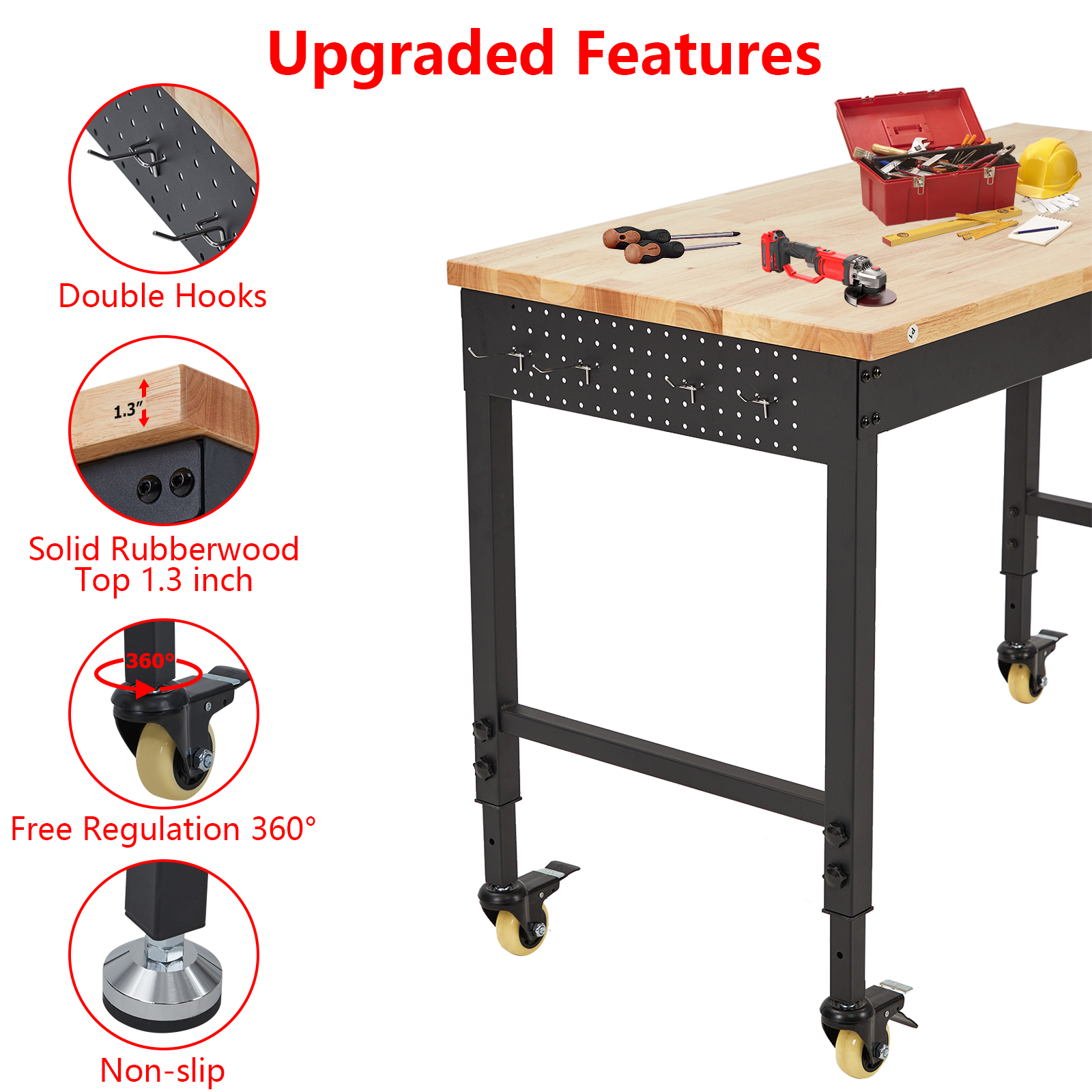 48" Heavy Duty 2000 lb Adjustable Workbench with Outlets and Wheels for Garage