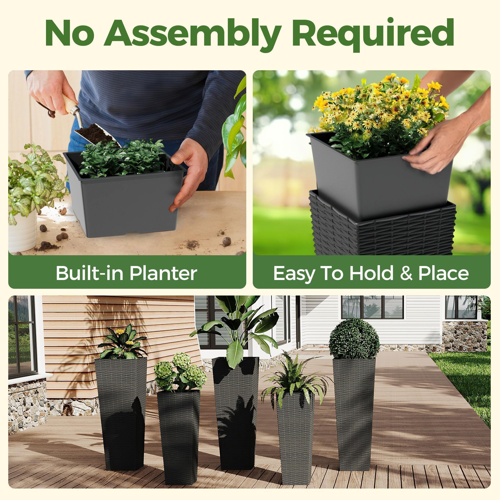 Tall rattan planters decorating a patio and entryway