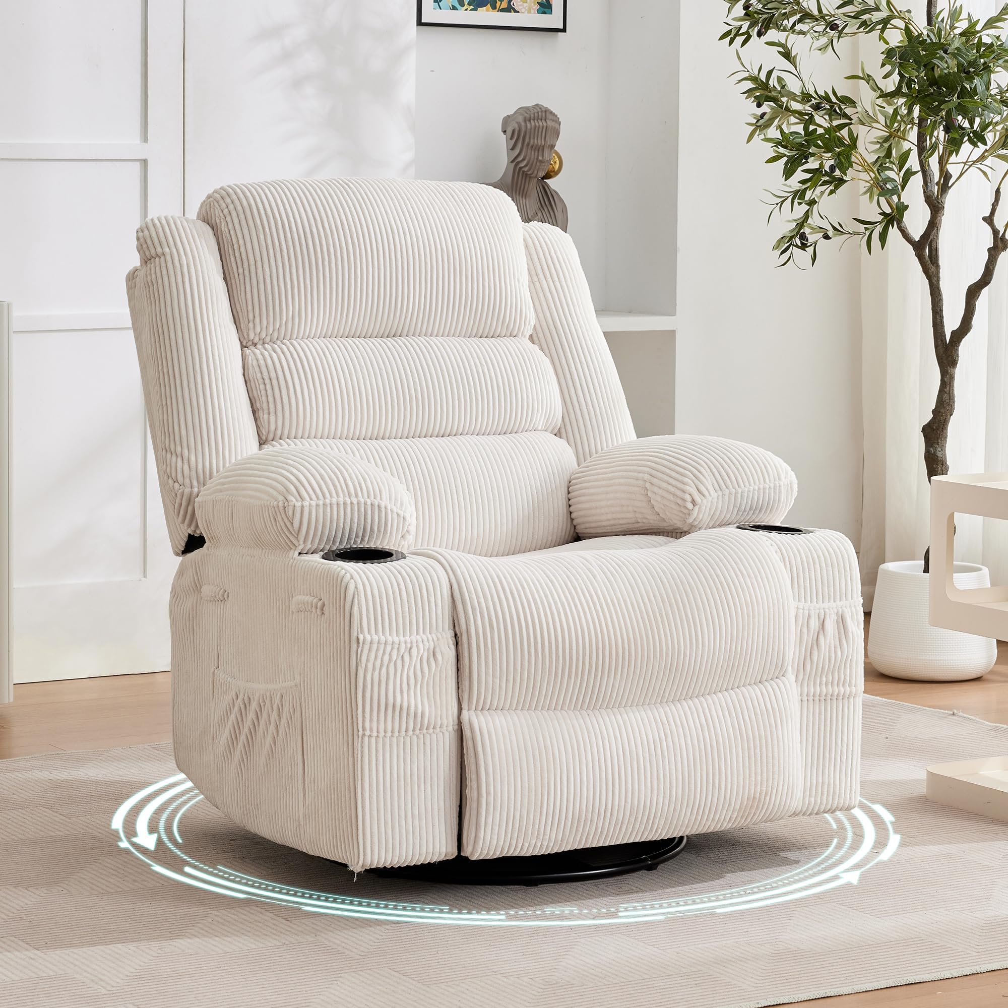 Corduroy Rocking Recliner Chair 360 Swivel Glider Single Sofa Cup Holder Nursery