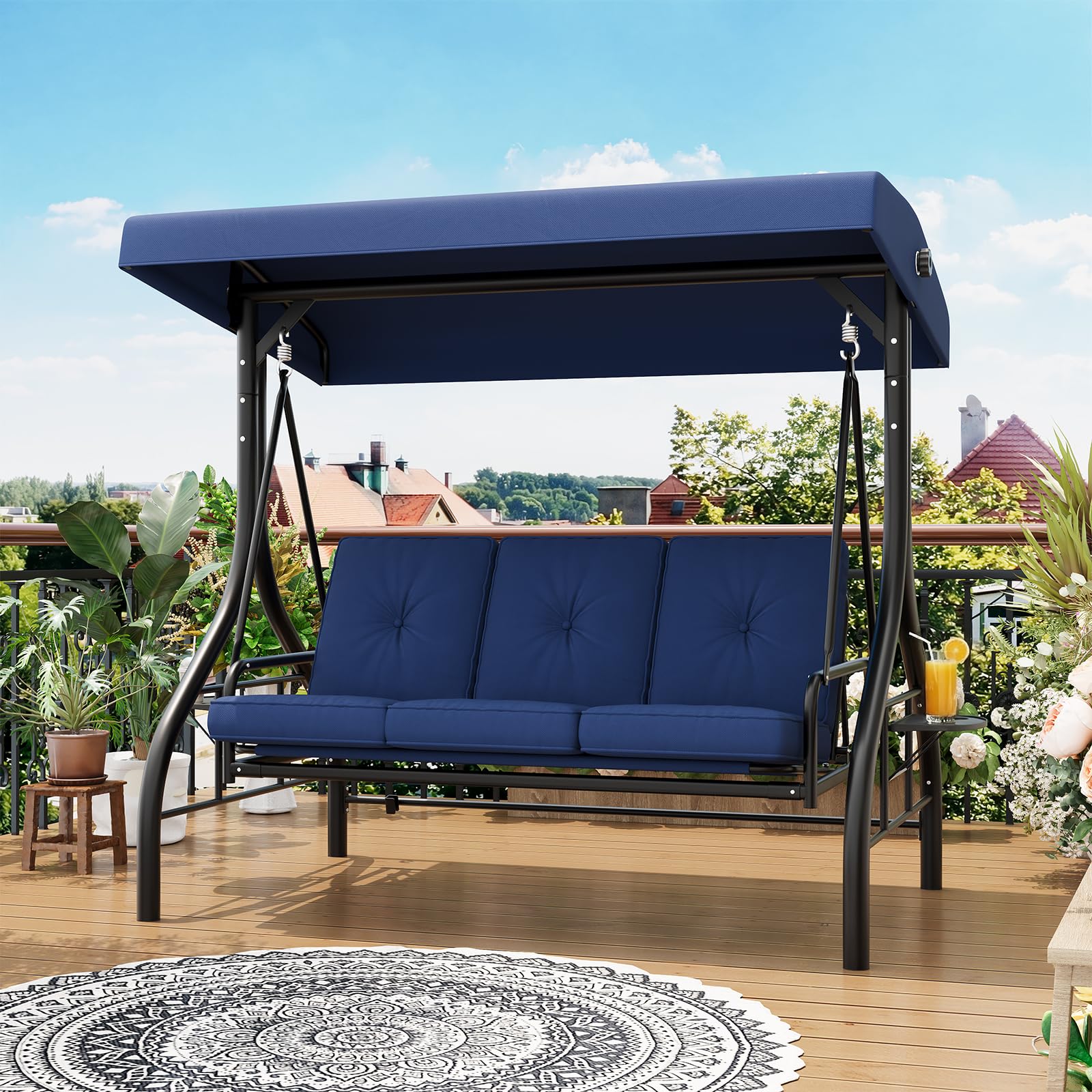 Deep built-in cup holders on three-seat patio swing