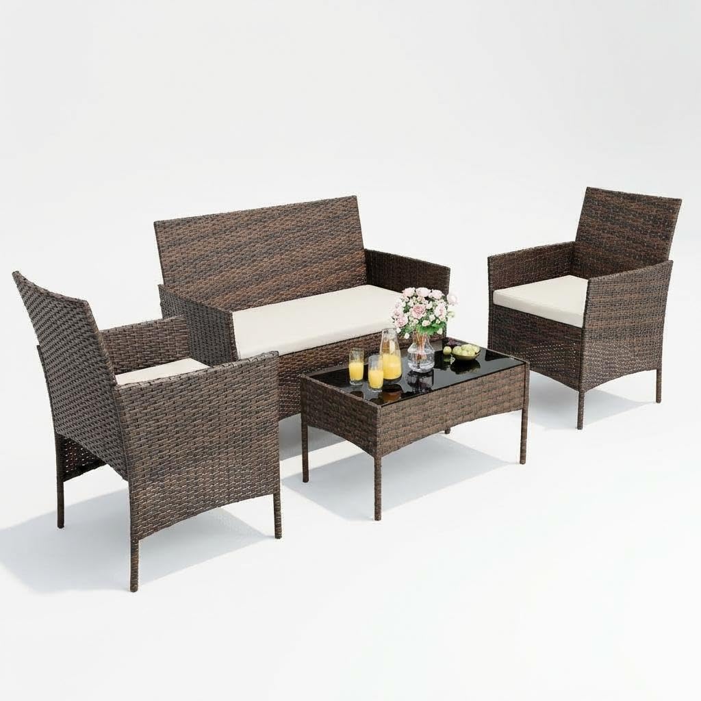 4-Piece Patio Furniture Set Wicker Furniture with Coffee Table for Backyard