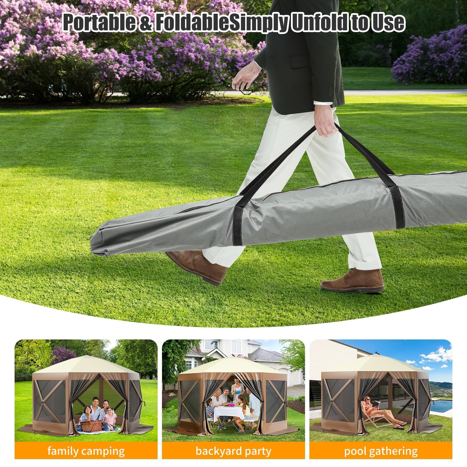Portable screen gazebo with carry bag and hanging light hooks