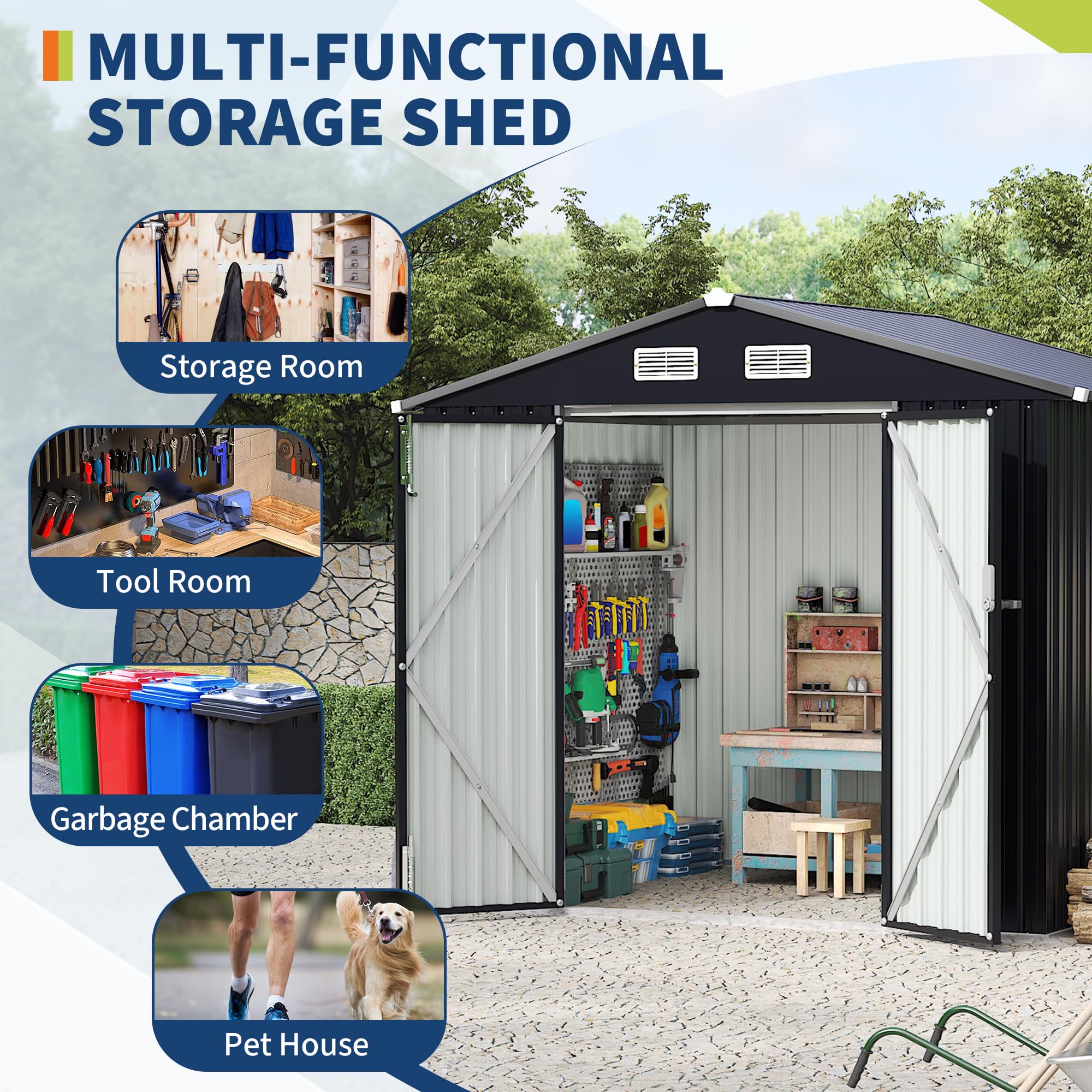 Spacious metal shed for garden tools and lawn equipment