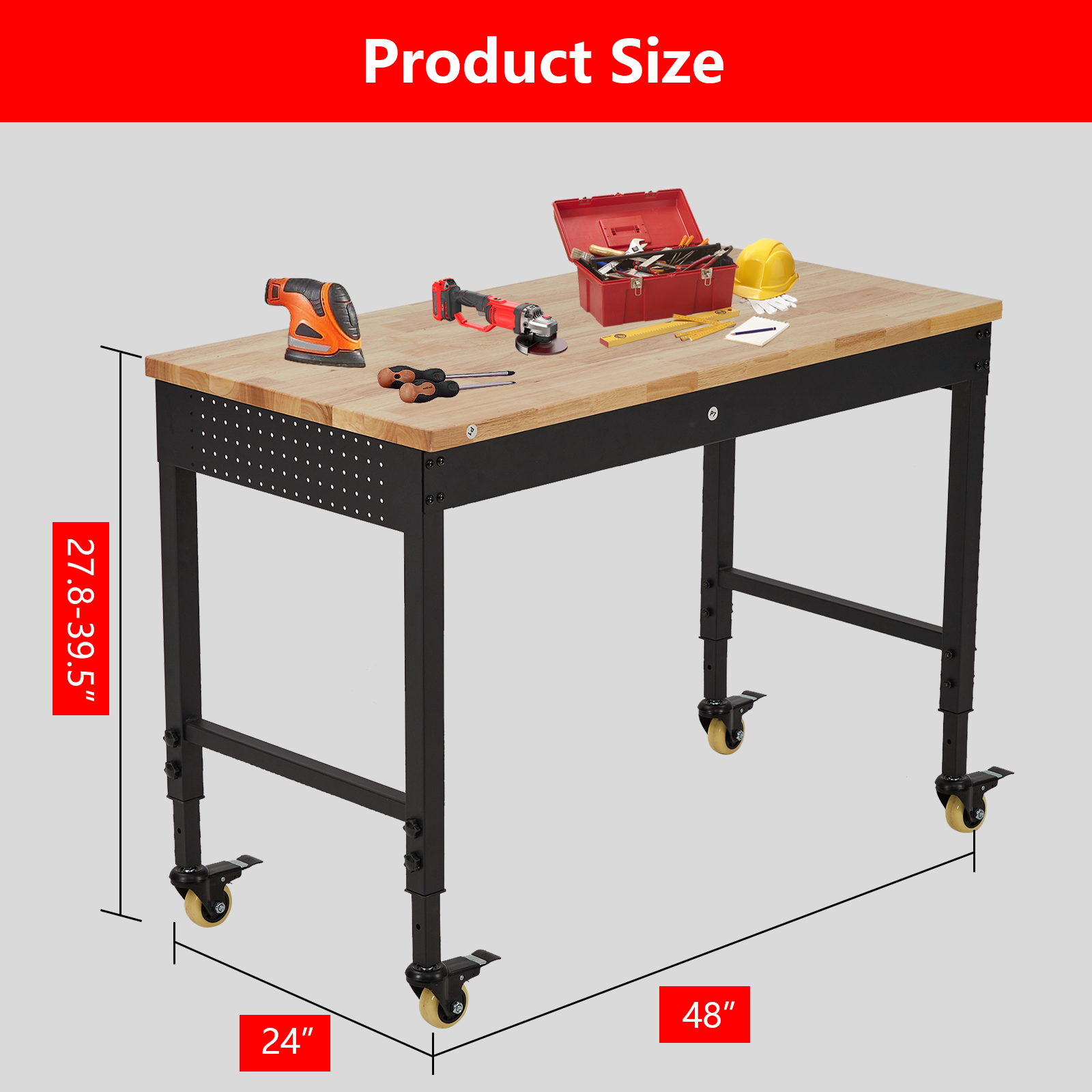 48" Heavy Duty 2000 lb Adjustable Workbench with Outlets and Wheels for Garage