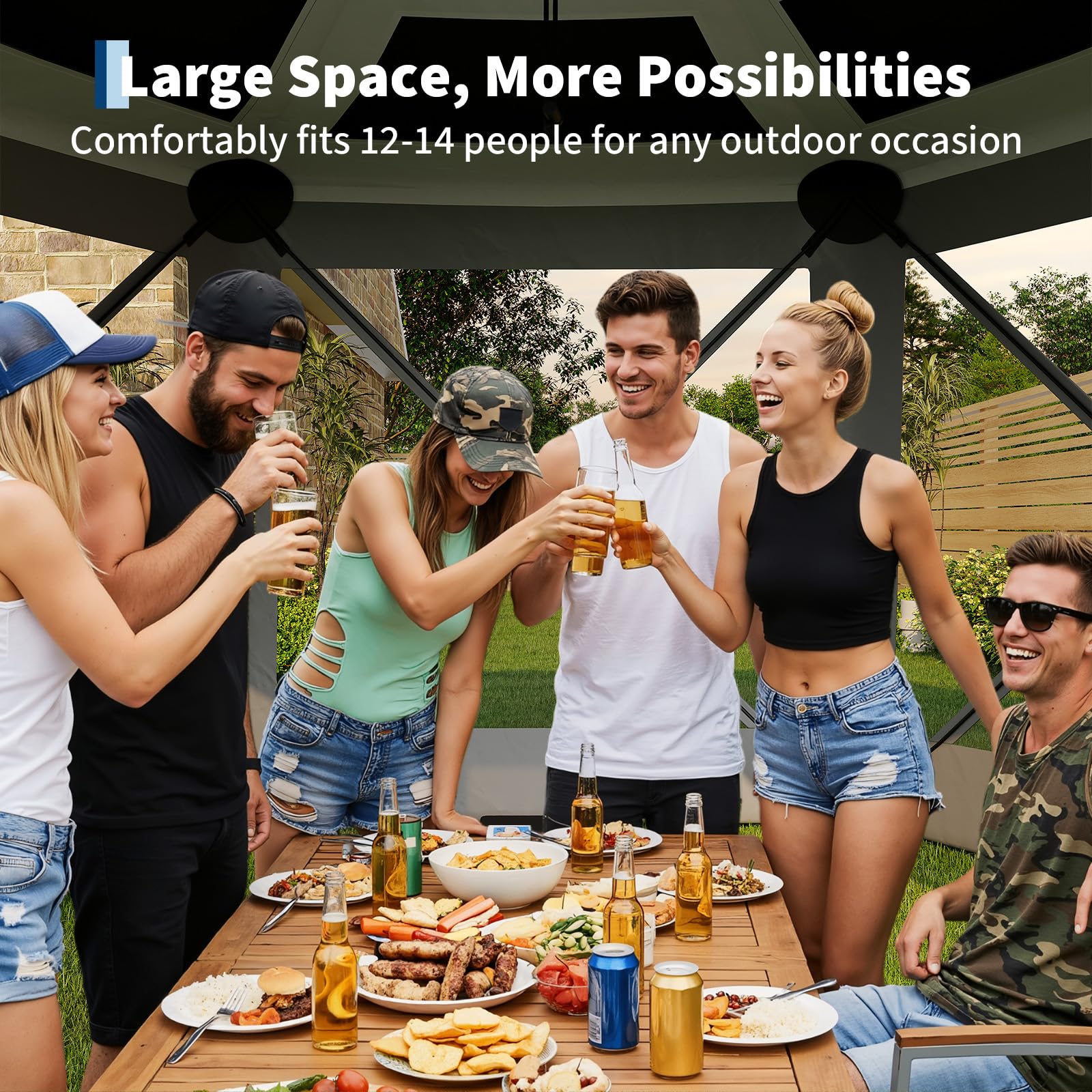 One-Push Pop Up Portable 6-Sided Gazebo with Mosquito Netting Removable Top