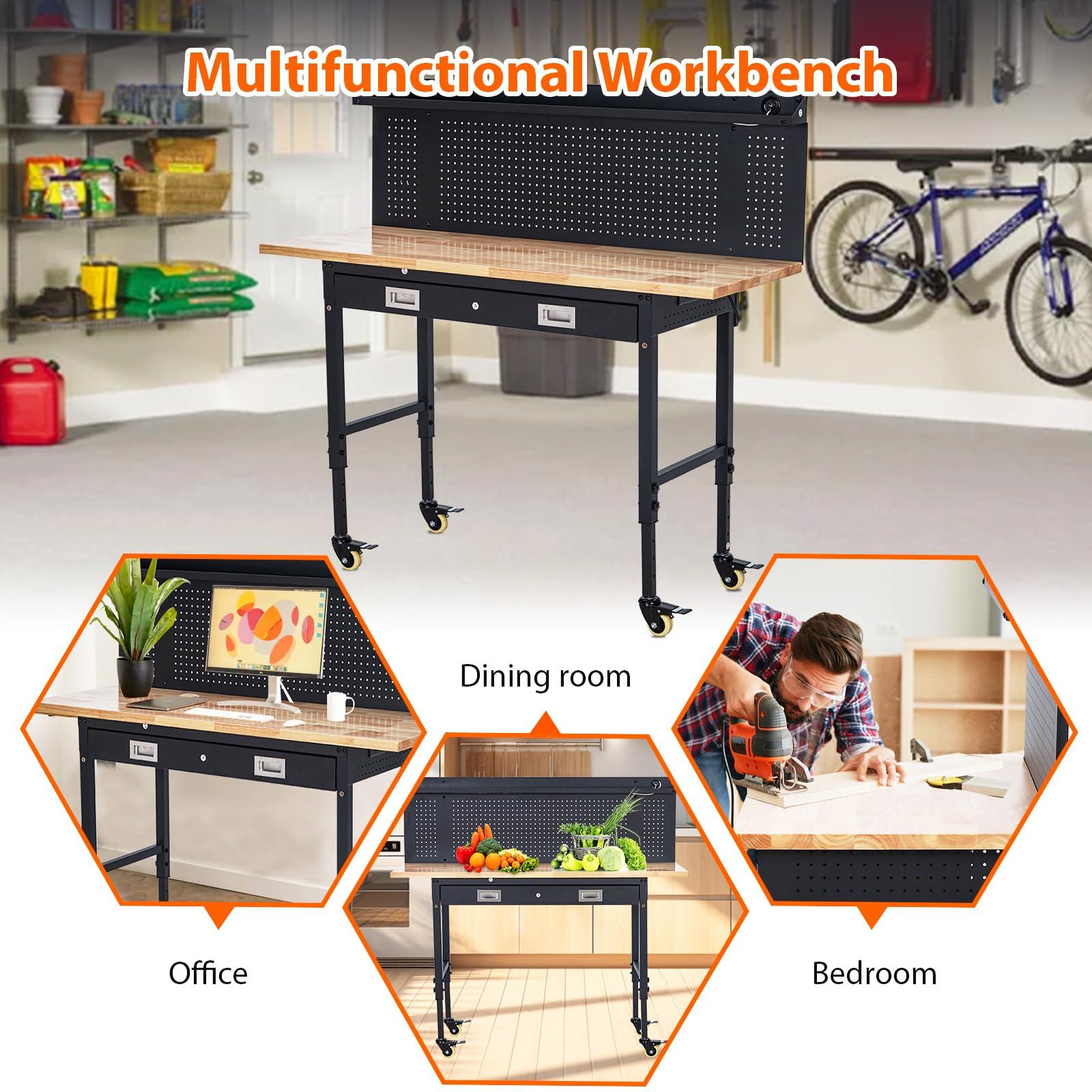 60" Adjustable Workbench Wood Top Drawer Pegboard Outlets Wheels 2000lb