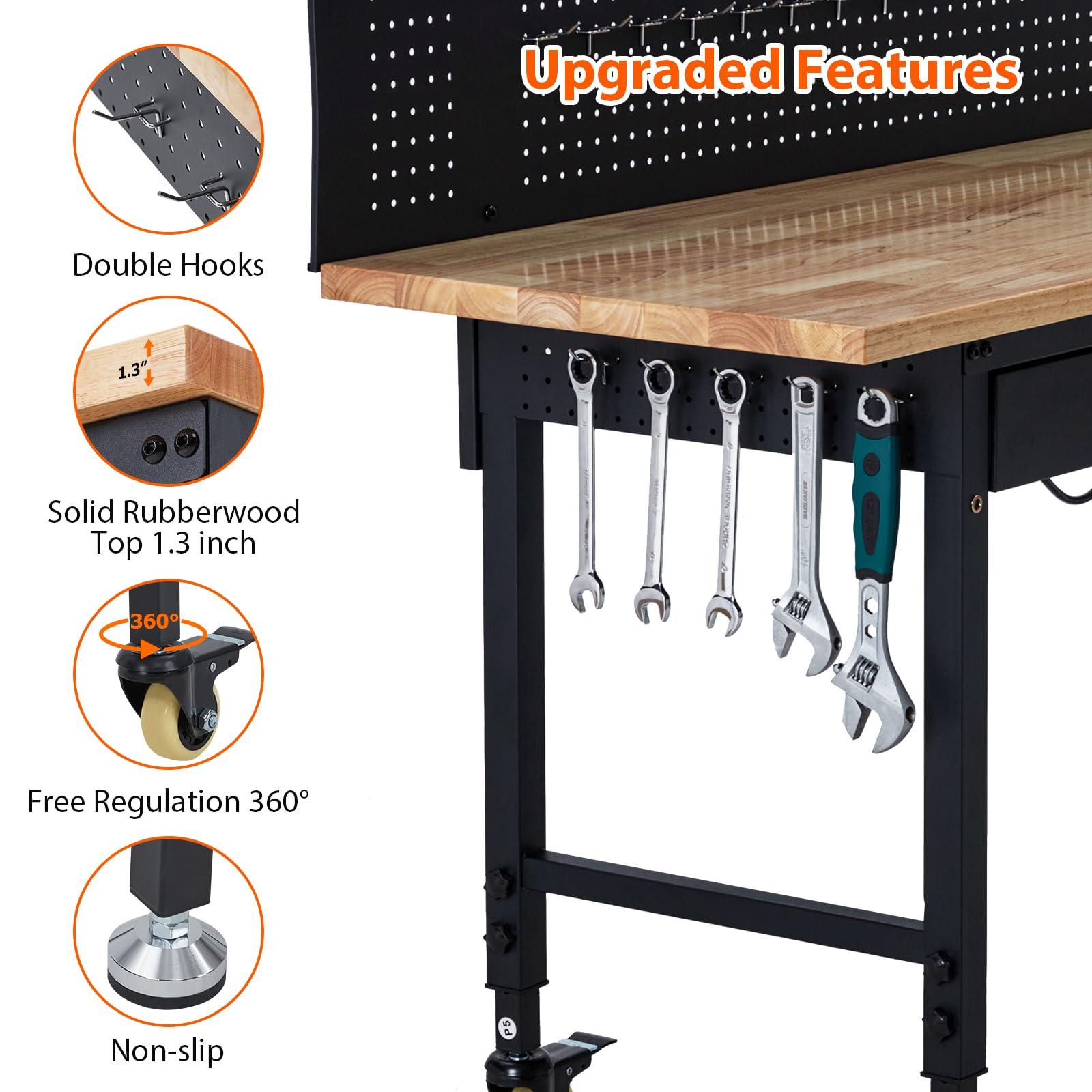 60" Adjustable Workbench Wood Top Drawer Pegboard Outlets Wheels 2000lb