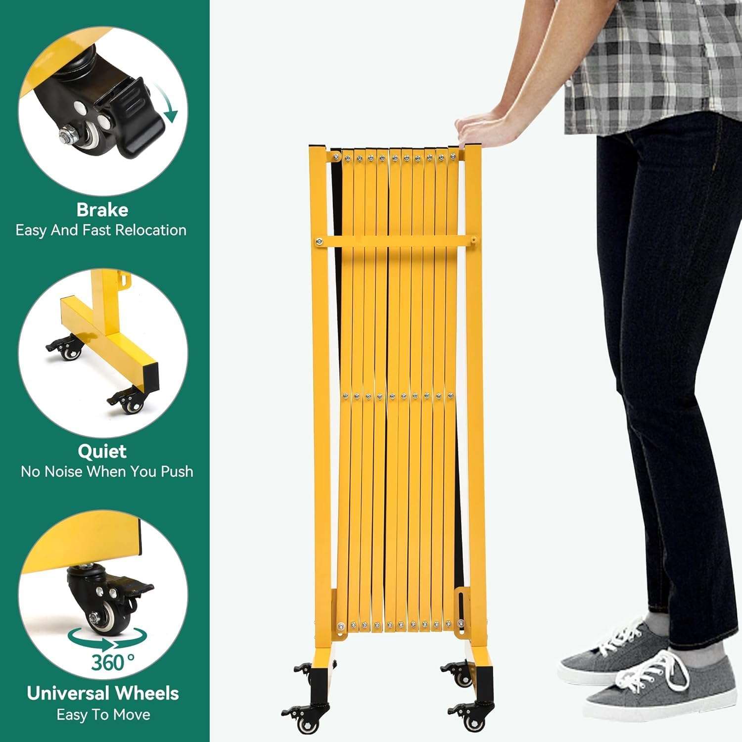 Barrera extensible con ruedas de metal con freno