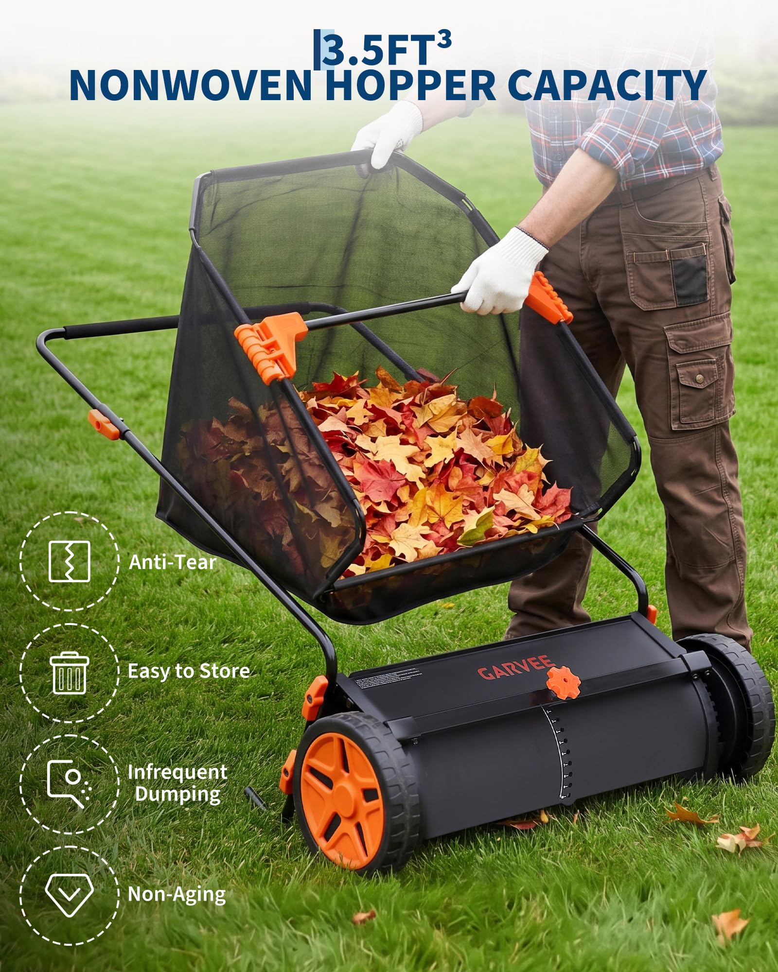 Garvee push lawn sweeper for collecting leaves and grass clippings