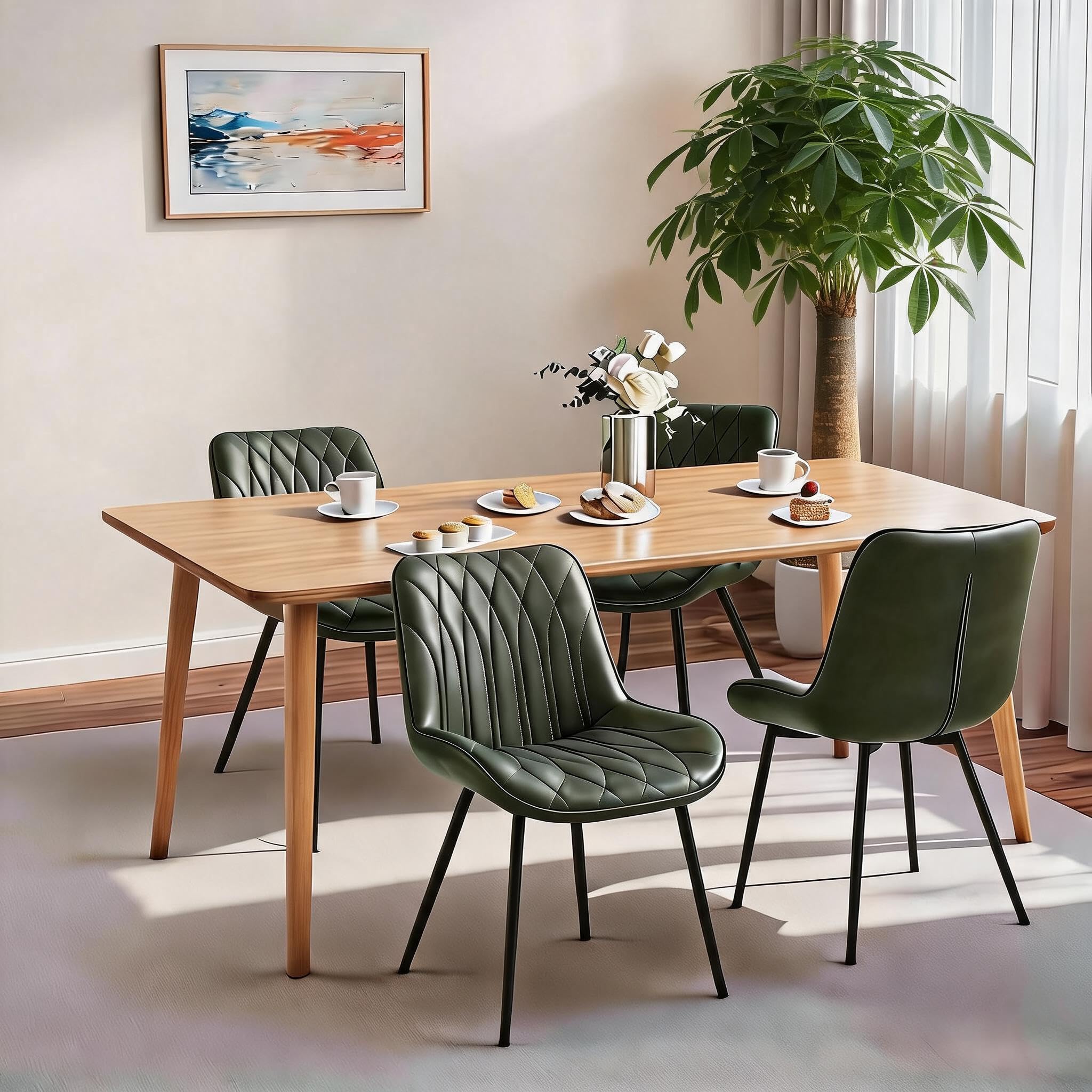 Modern Green Faux Leather Dining Chairs Cushion Seats Mid Century Style Set of 4
