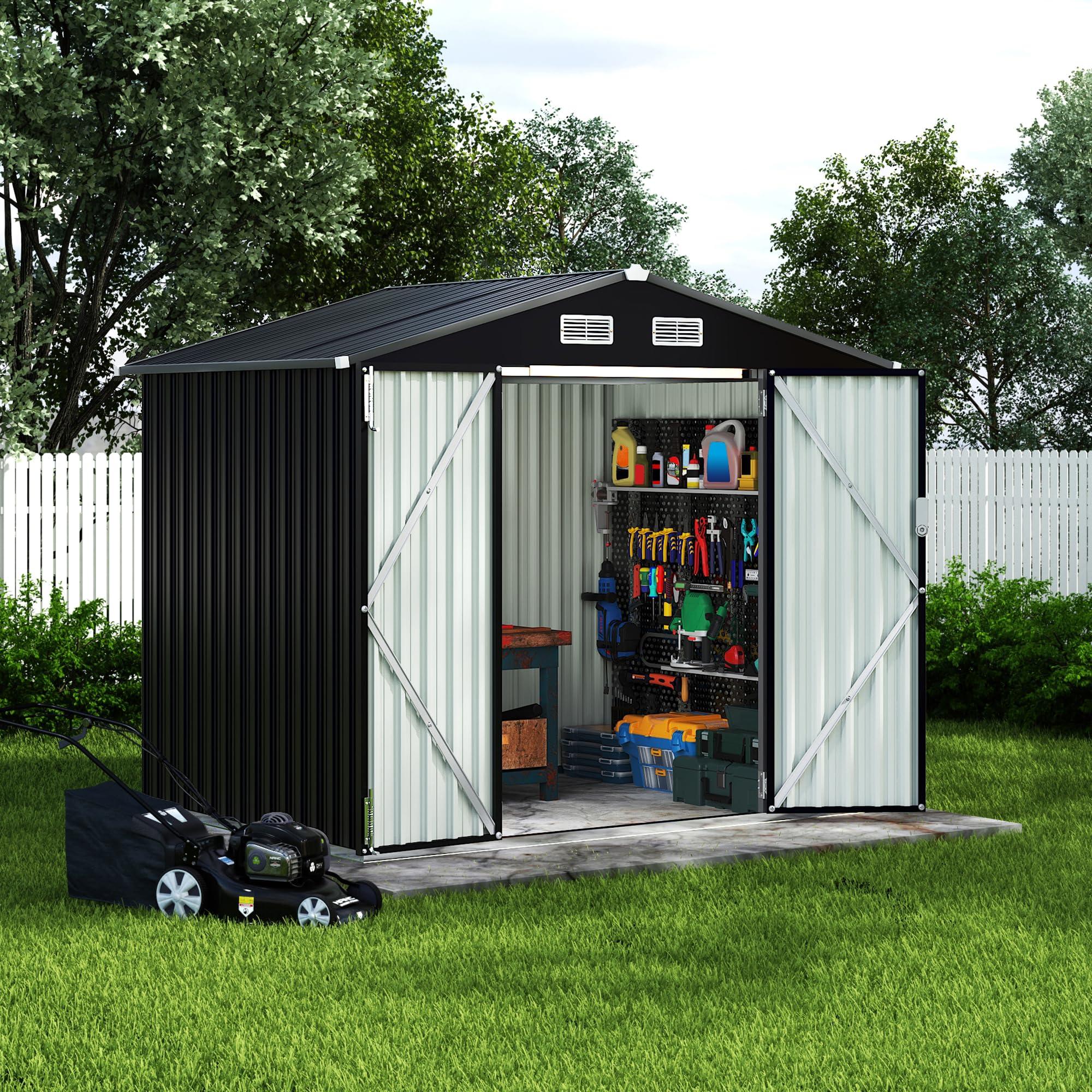 Wind-resistant and snow-supporting metal storage shed