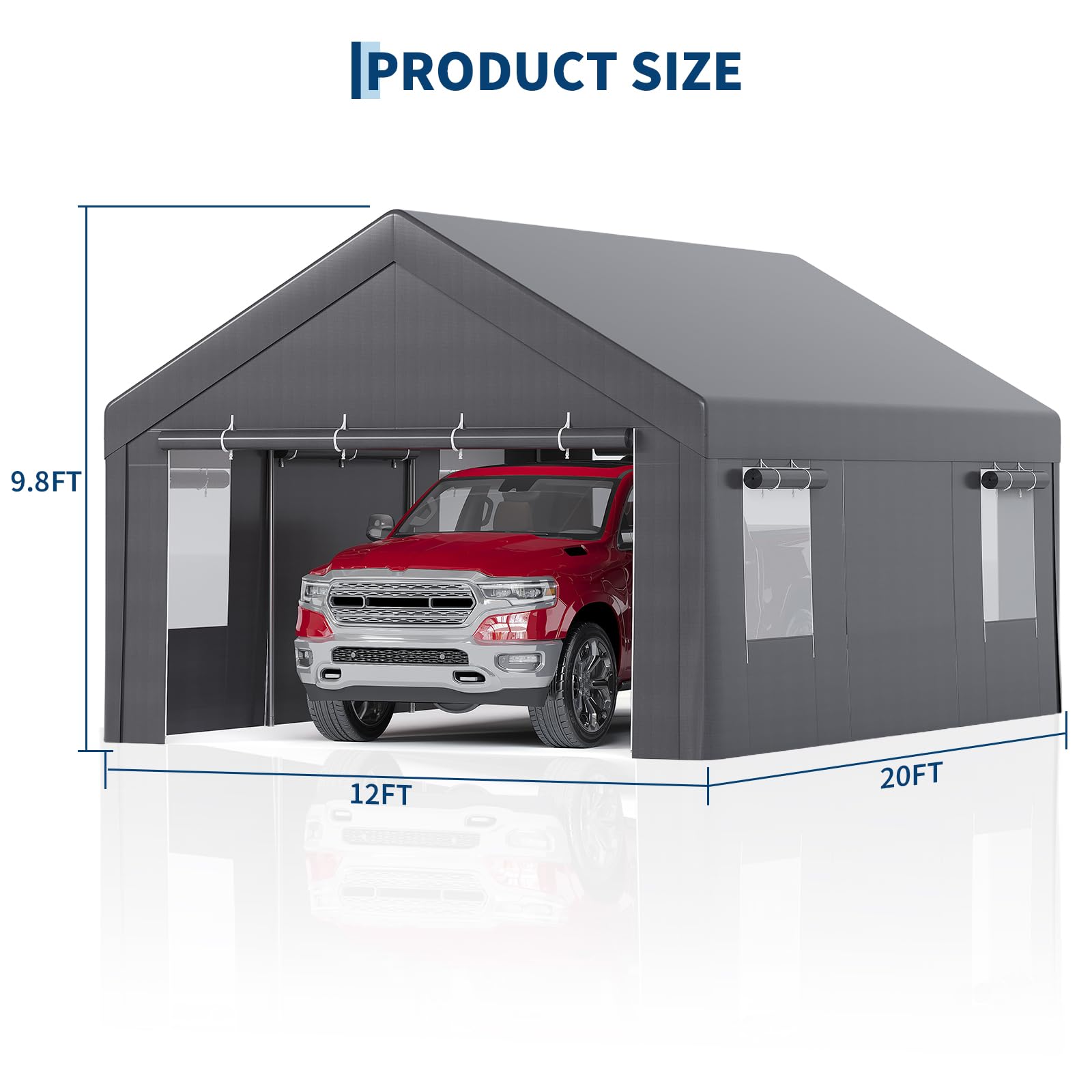 12x20FT Heavy Duty Portable Carport with Roll-Up Windows and Removable Sidewalls