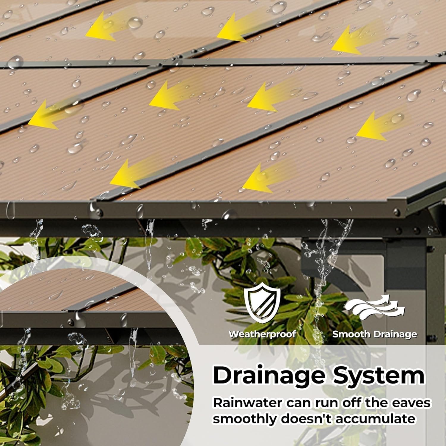 Sloped gazebo roof with gutter drainage system