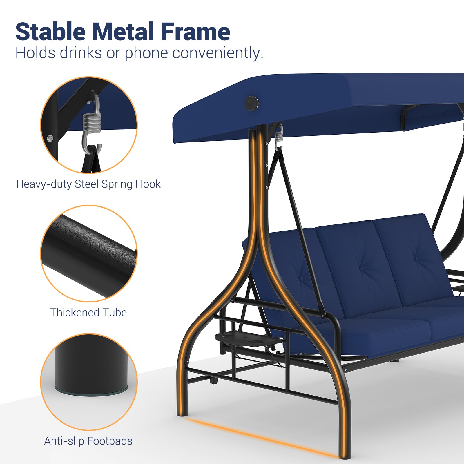 Heavy-duty steel frame outdoor swing with 750 lb capacity