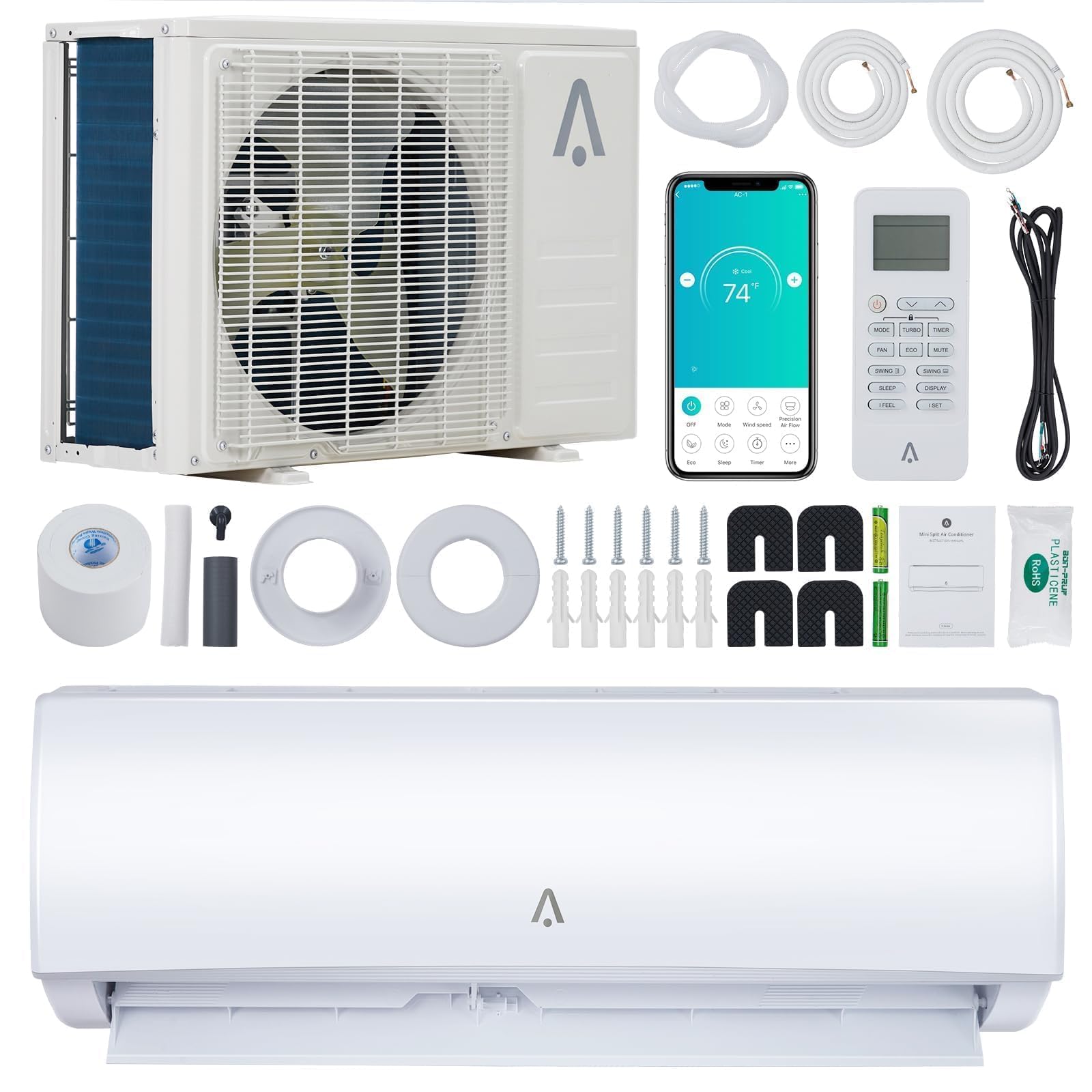 9000BTU Mini Split AC Heat Pump 19 SEER2 115V WiFi Alexa Self-Cleaning 550sqft