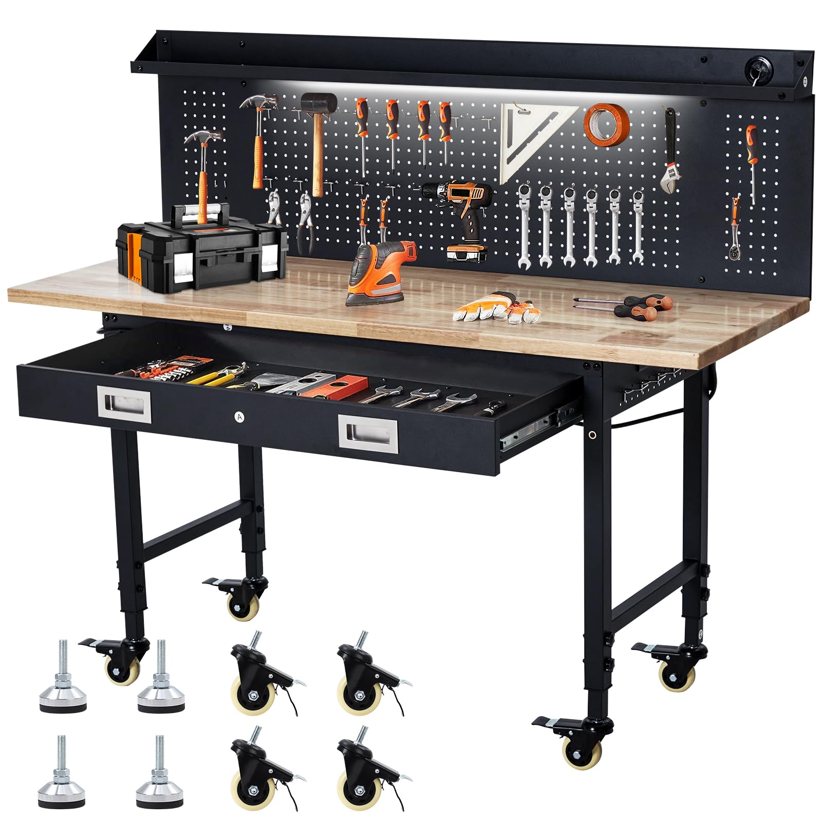 60" Adjustable Workbench Wood Top Drawer Pegboard Outlets Wheels 2000lb