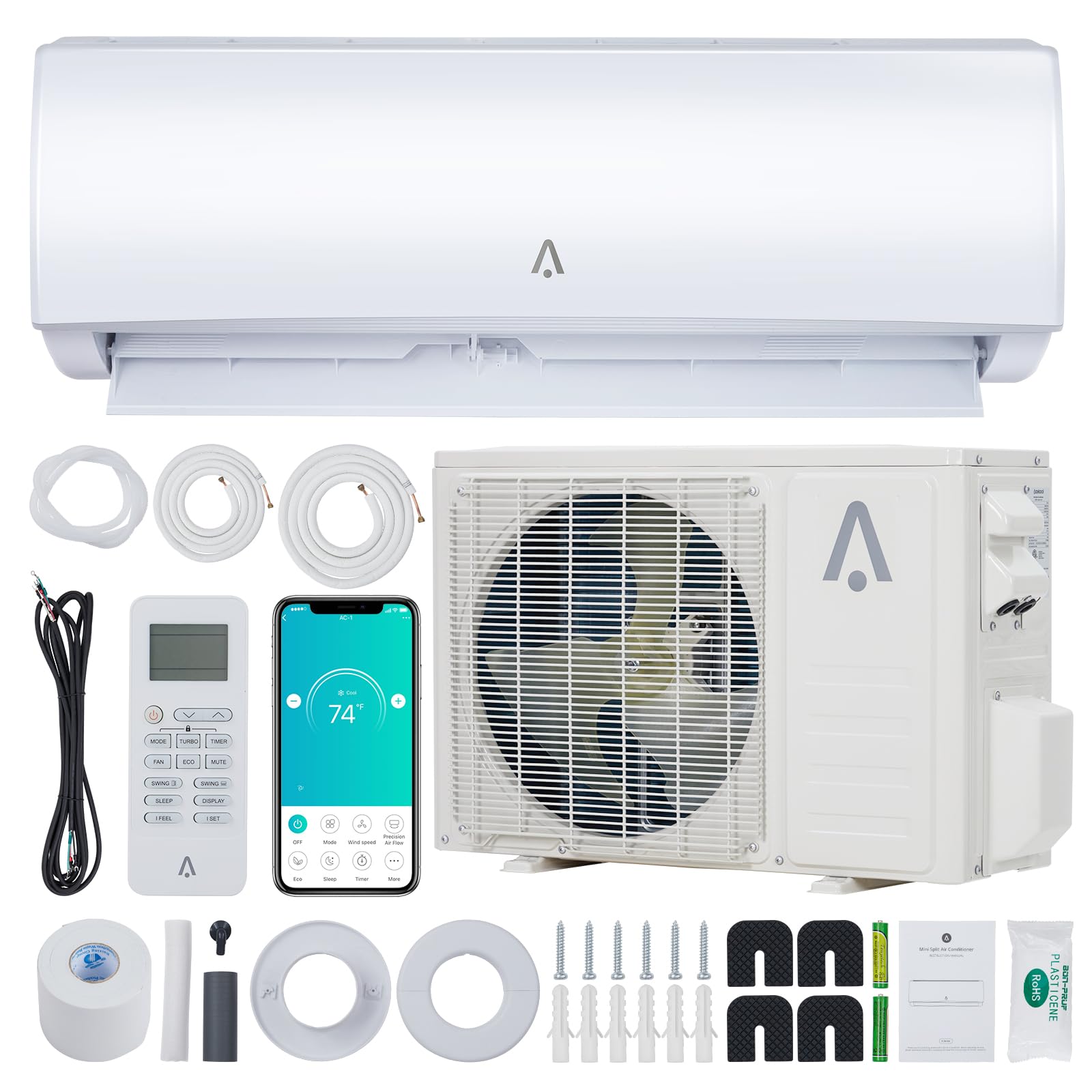 9000 BTU Mini Split AC Heat Pump 19 SEER2 450 Sqft Wall Mount