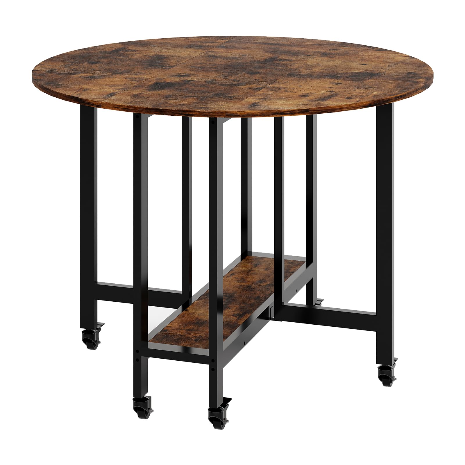 Garvee Tavolo Rotondo Pieghevole con Ruote e Ripiano Portaoggetti per Cucina, 100 × 100 × 75 cm