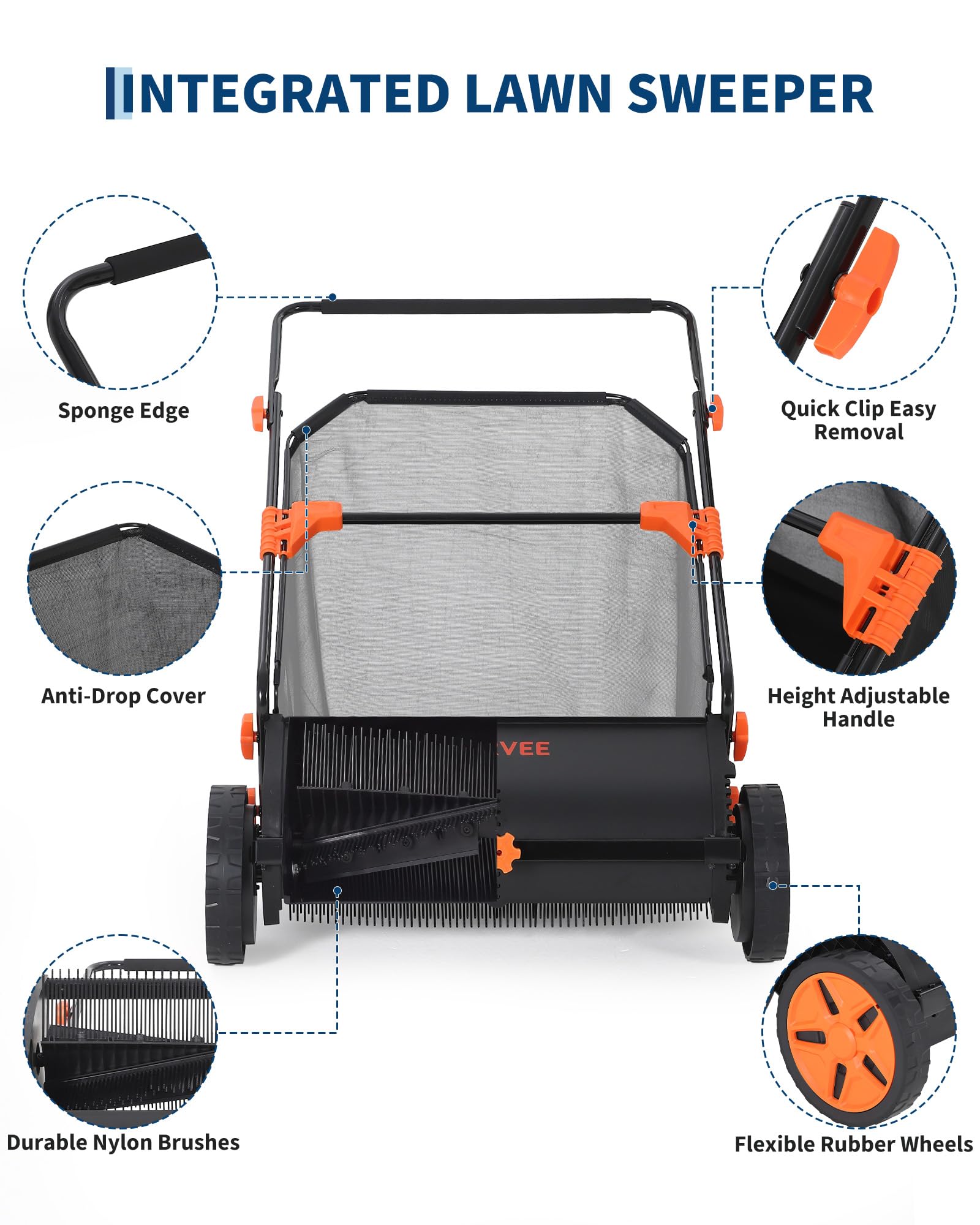 Reinforced steel lawn sweeper frame with rubber wheels