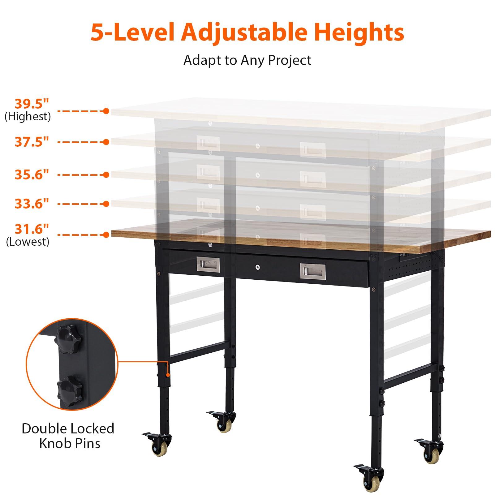 60" Adjustable Workbench Wood Top Drawer Pegboard Outlets Wheels 2000lb