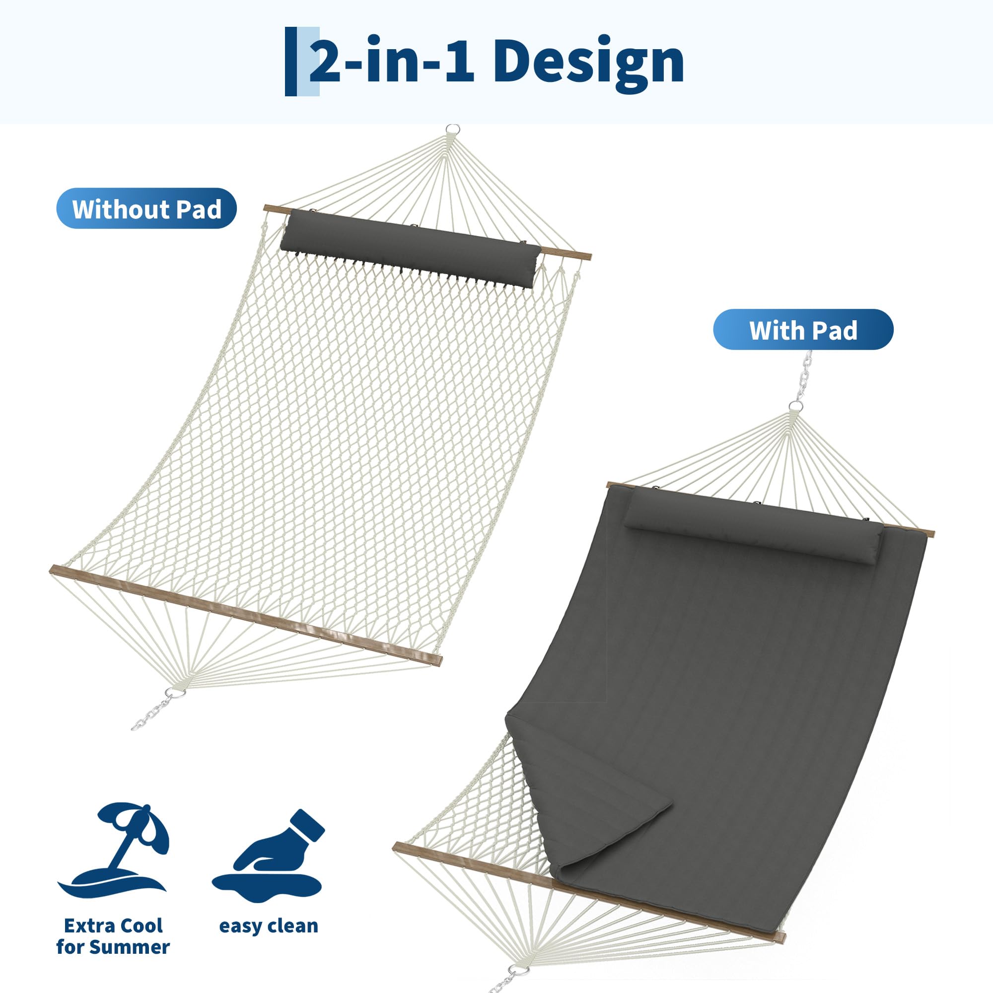 Cotton Rope Double Hammock with Pillow and Quilted Pad 450 lb 2 Person for Patio - Produktbild 5