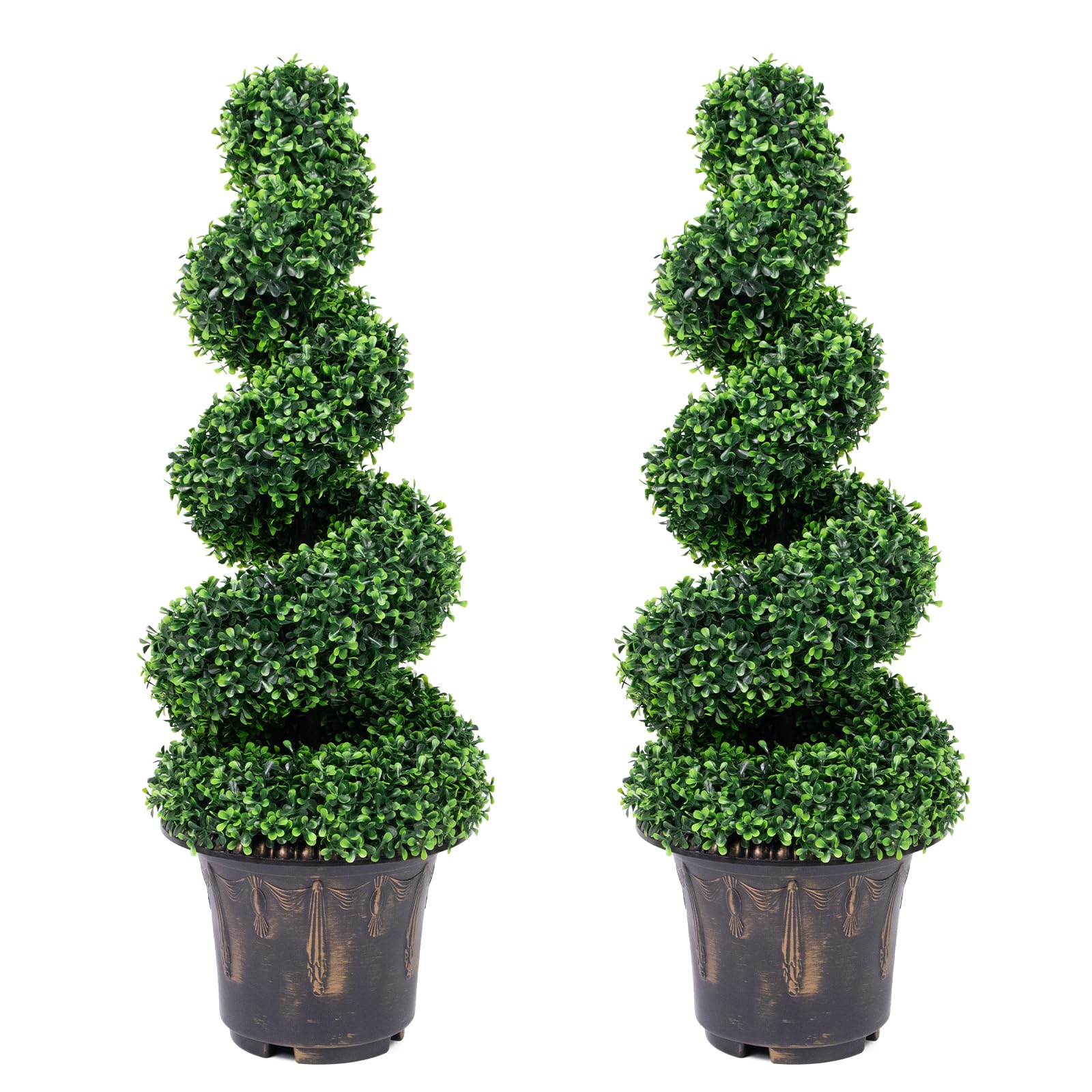 2 Pack 3ft Artificial Boxwood Spiral Topiary Tree UV Resistant Outdoor Faux Plan
