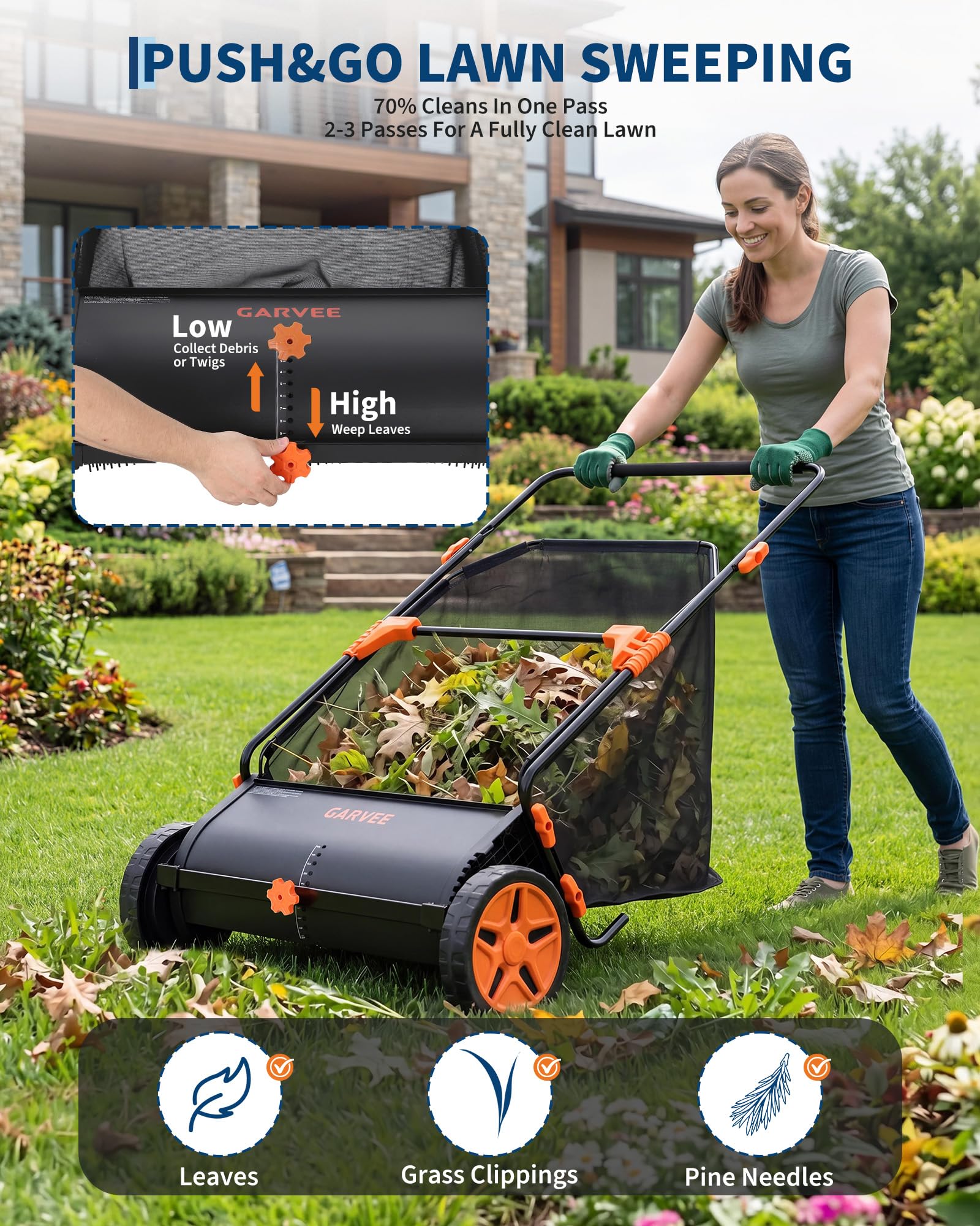 Foam-padded handle for comfortable manual yard sweeping