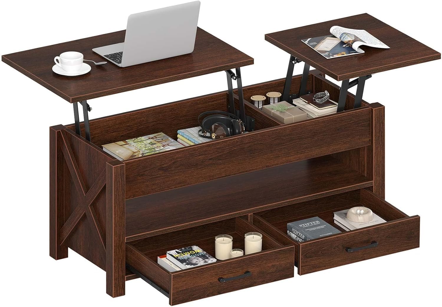 2 Tier Lift Top Coffee Table w/2 Drawers & Hidden Storage Farmhouse Center Table