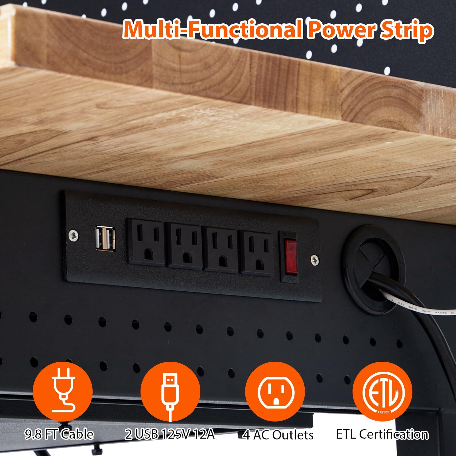 60" Adjustable Workbench Wood Top Drawer Pegboard Outlets Wheels 2000lb
