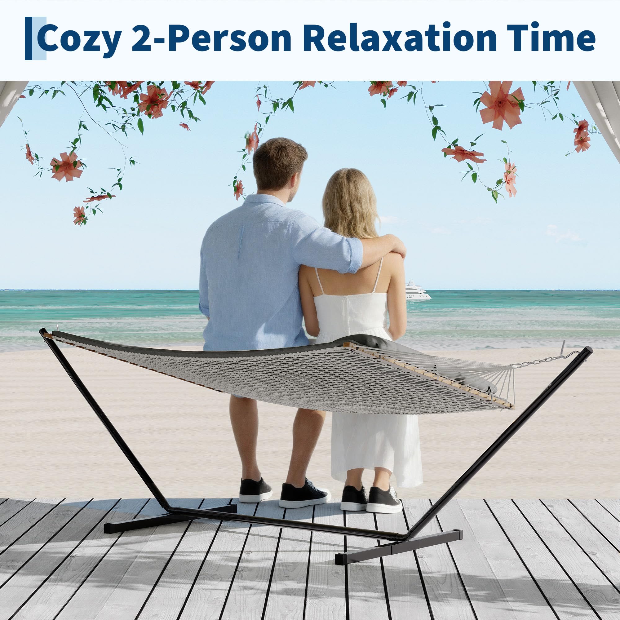 Cotton Rope Double Hammock with Pillow and Quilted Pad 450 lb 2 Person for Patio - Produktbild 3