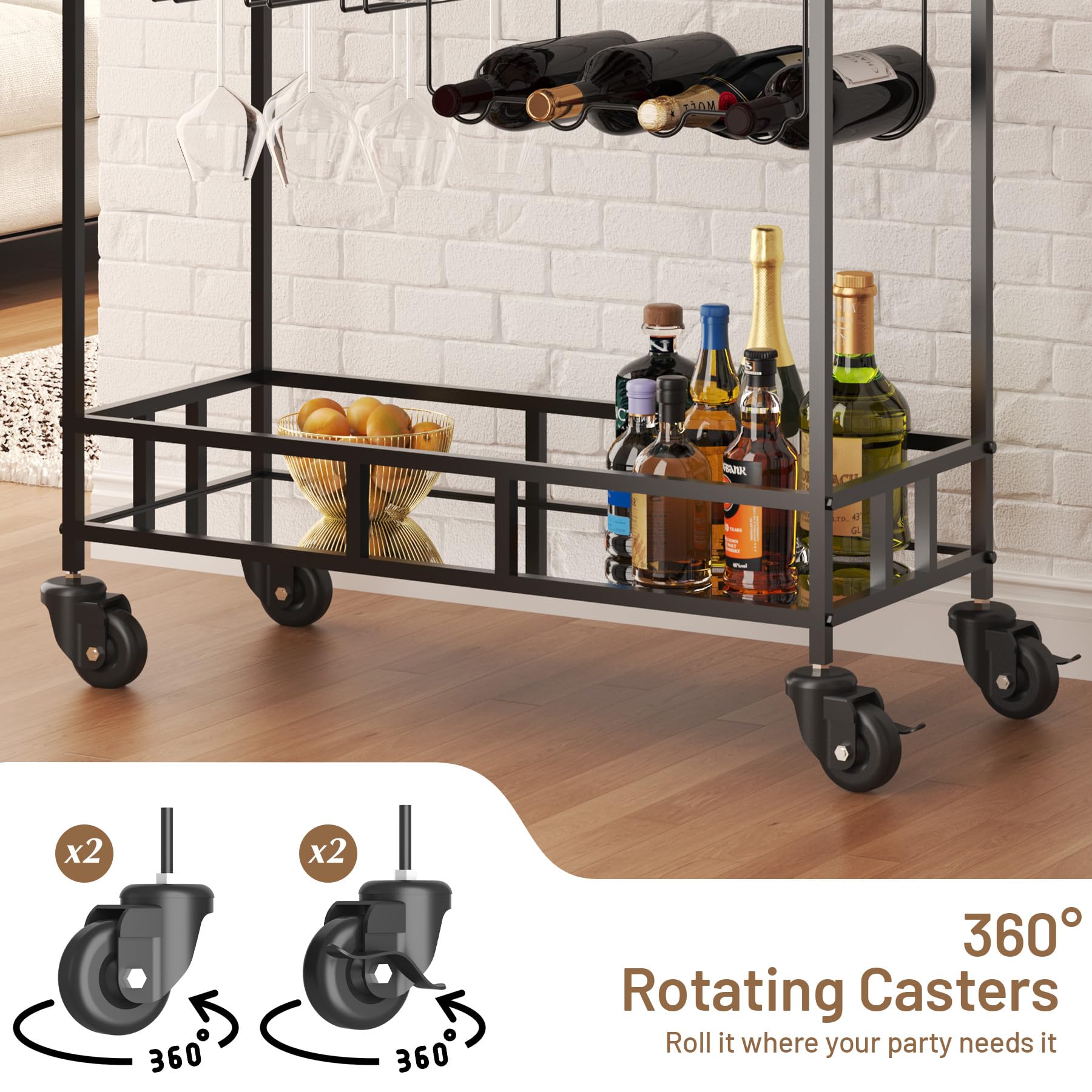 2-Tier Rolling Wine Bar Cart Mirrored Shelves Locking Wheels Gold/Black/Silver