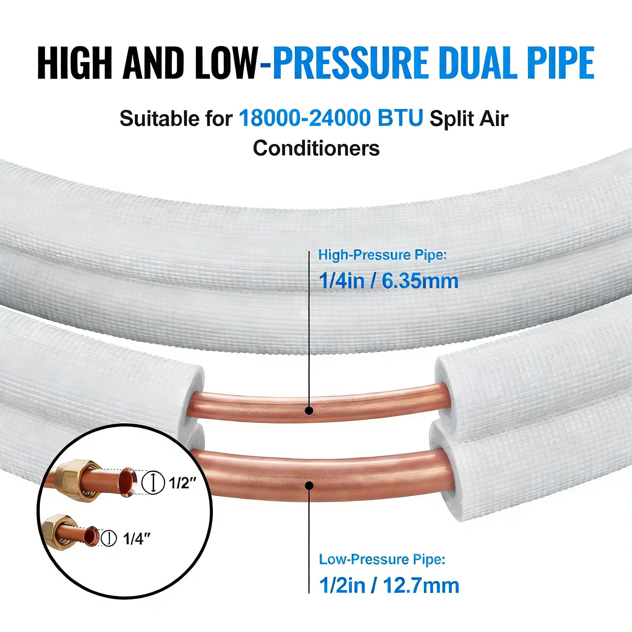 Mini Split AC Line Set 16FT 1/4" &amp; 1/2" or 1/4" &amp; 3/8" Pre-Flared Copper Tubing