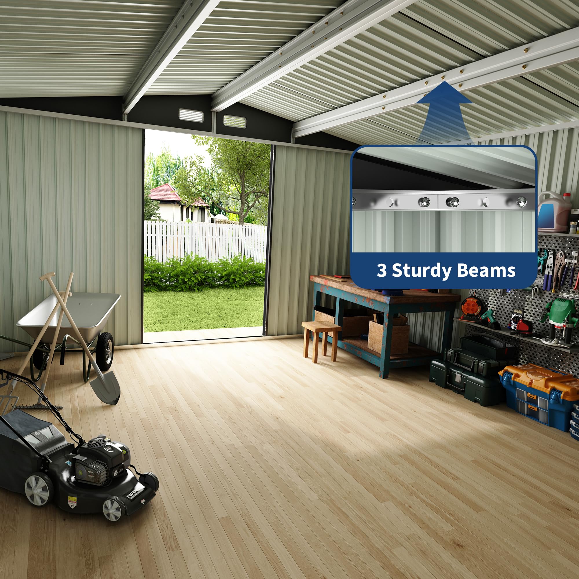 Metal storage shed with lockable double doors