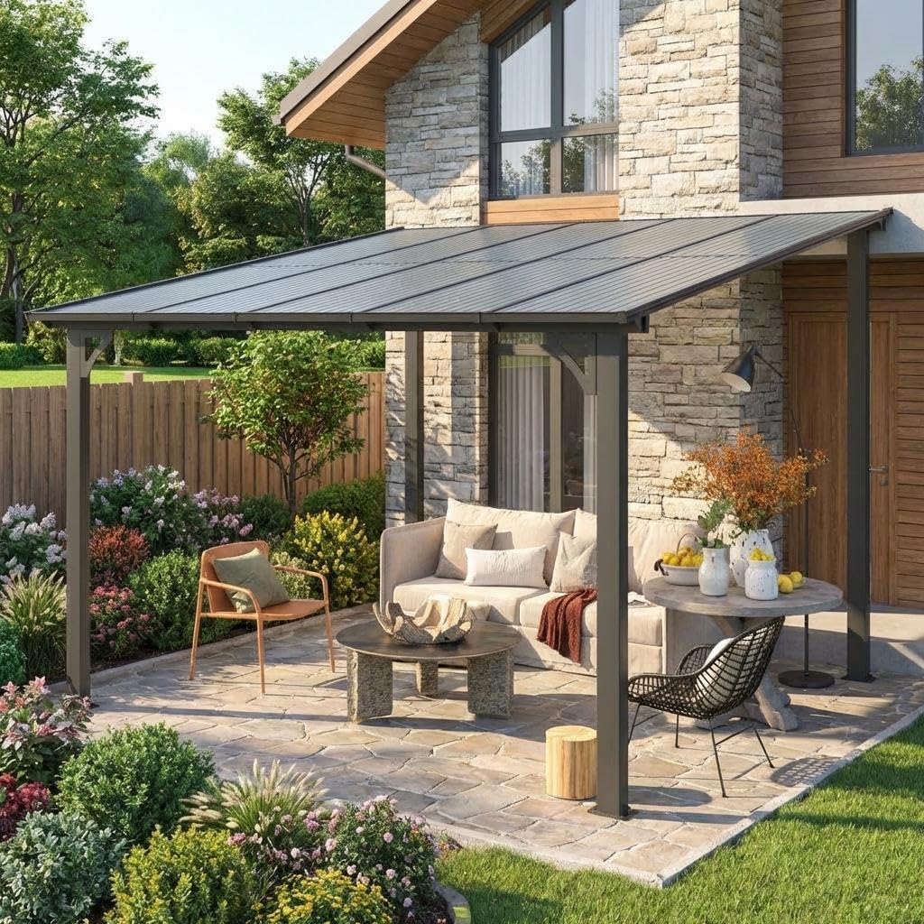 Wall-mounted gazebo used as an outdoor patio cover