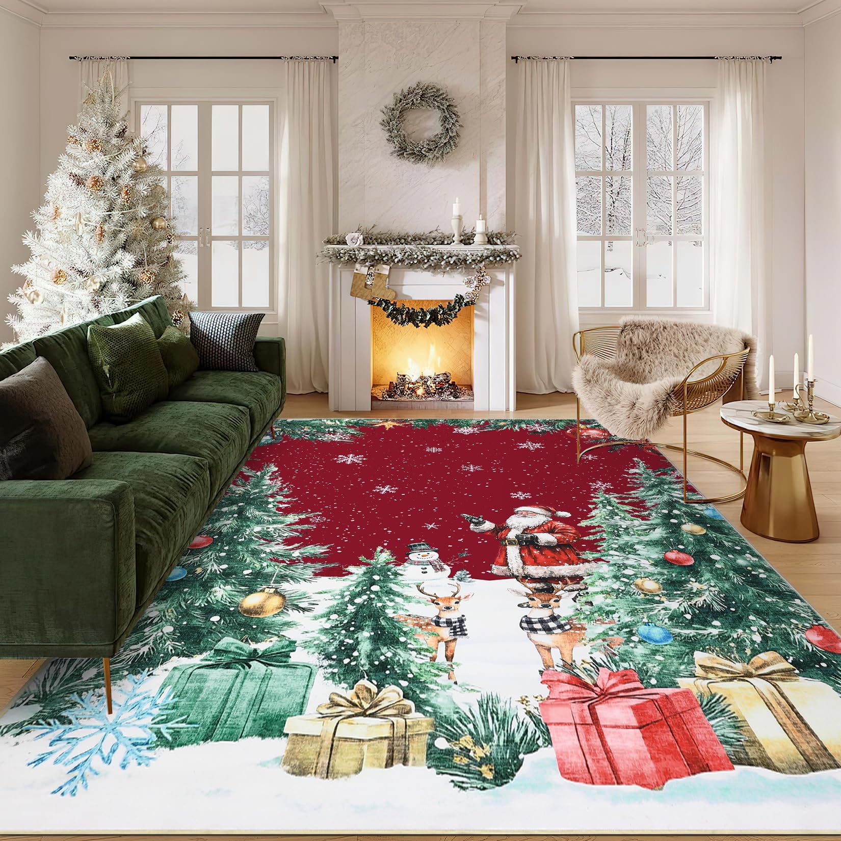 Tappeto natalizio con albero, Babbo Natale e renne
